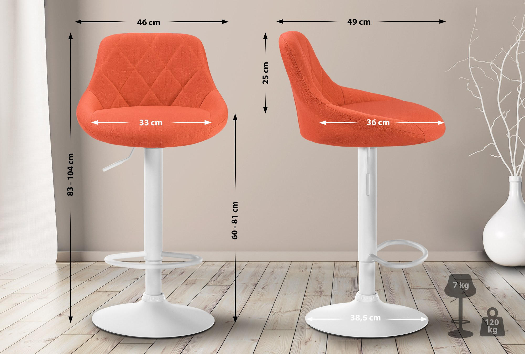 BARHOCKER Stoff Orange - Weiß/Orange, Textil/Metall (46/83/49cm) - CLP