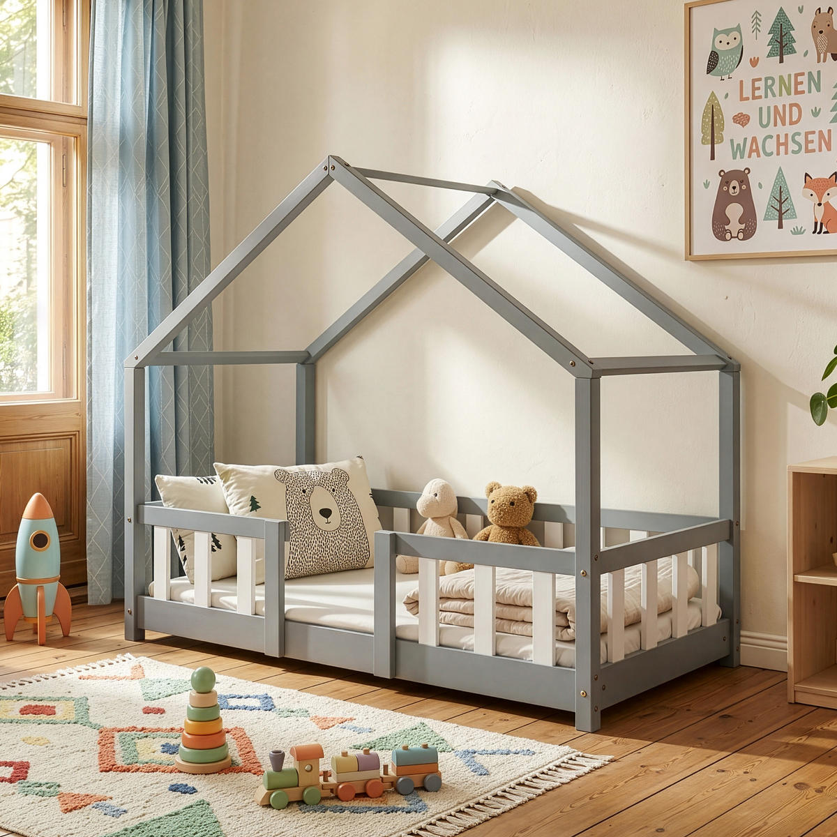 HAUSBETT Treviolo - Hellgrau/Weiß, Holz (70/140cm) - [en.casa]
