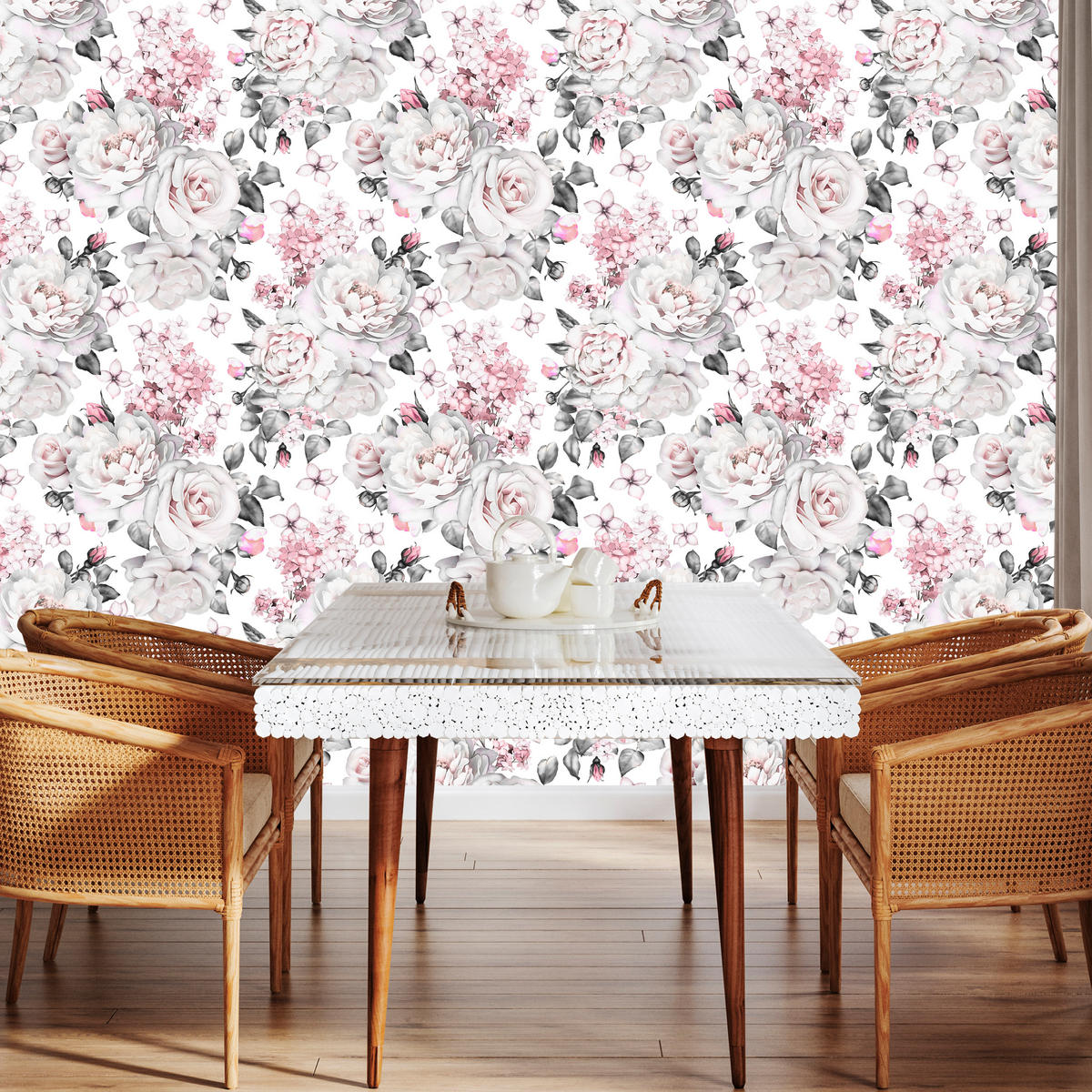 VLIESTAPETE Pastellrosen und Pfingstrosen – Rosa, Grau, Weiß – 50x1000 cm - Rosa/Weiß, Papier (50/1000cm) - Muralo