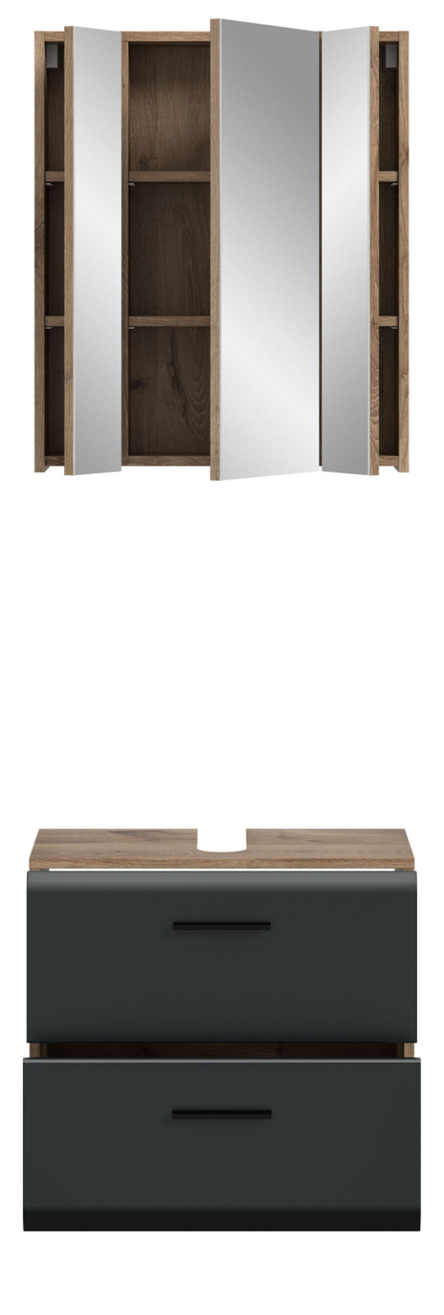 BADMÖBEL-SET 2-teilig schwarz matt und Eiche, Badezimmer mit Spiegelschrank, Vollauszug, Breite 60 cm - Eichefarben/Schwarz, Glas/Holzwerkstoff (60/185/30cm) - Inn.Furn