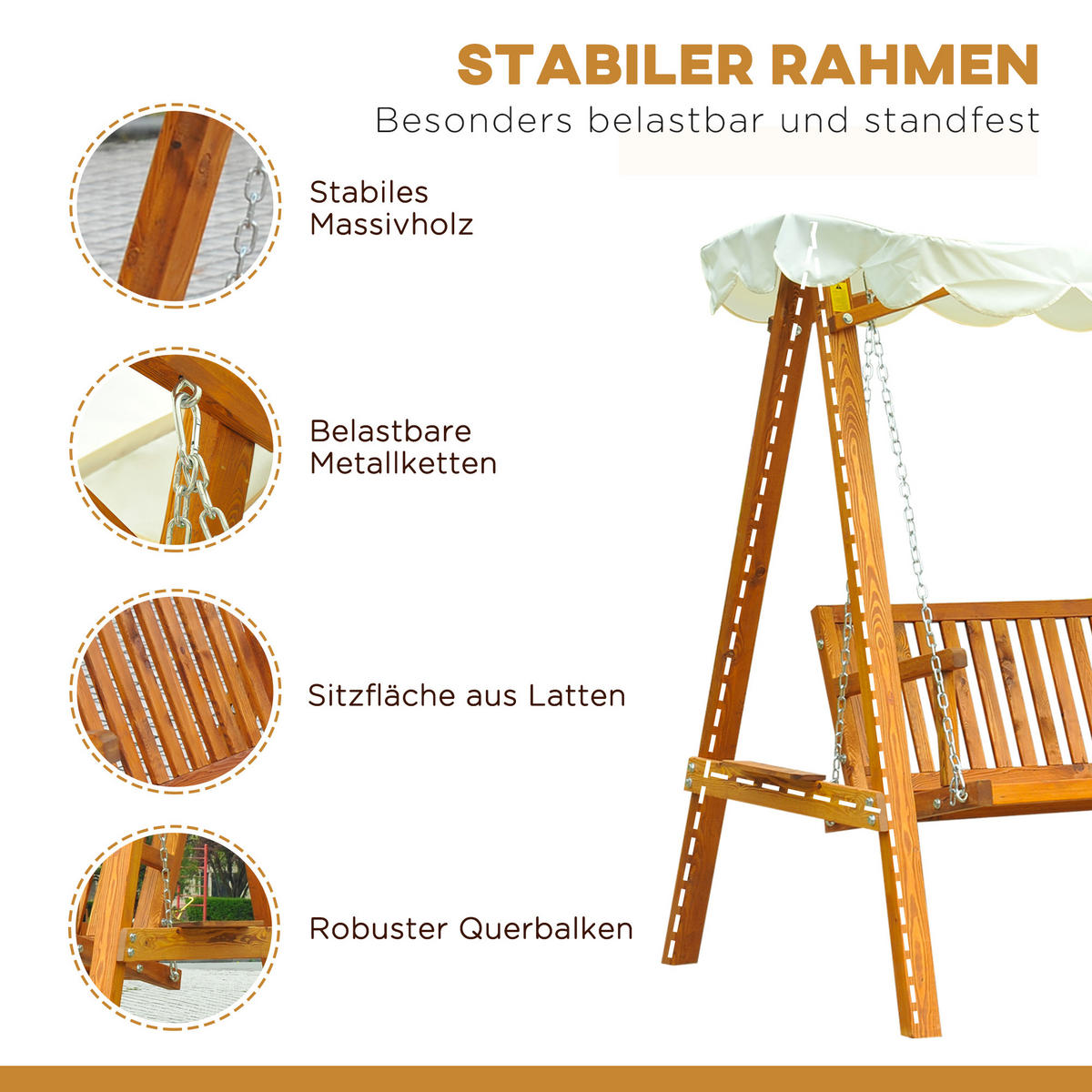 HOLLYWOODSCHAUKEL DE-06980 3-Sitzer, Lärche, mit Sonnendach Naturholz - Creme/Naturfarben, Holz/Textil (210/185/130cm) - ComfortXL
