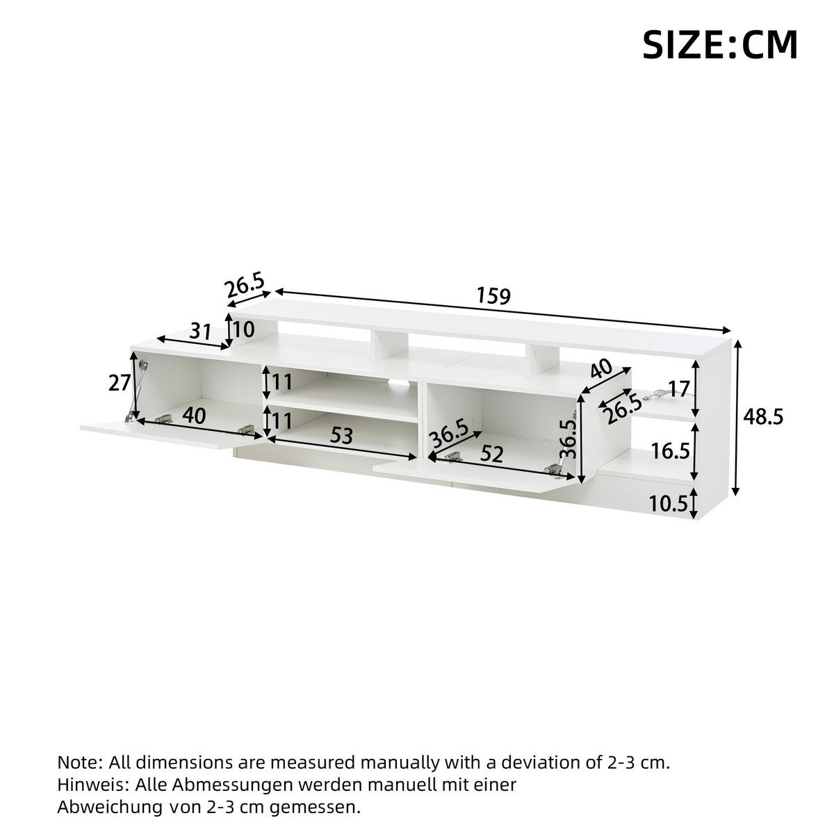 TV-LOWBOARD 190/40/48,5 cm mit 2 Klapptüren und LED-Beleuchtung - Weiß, Holzwerkstoff (190/48.5/40cm) - BEAOK