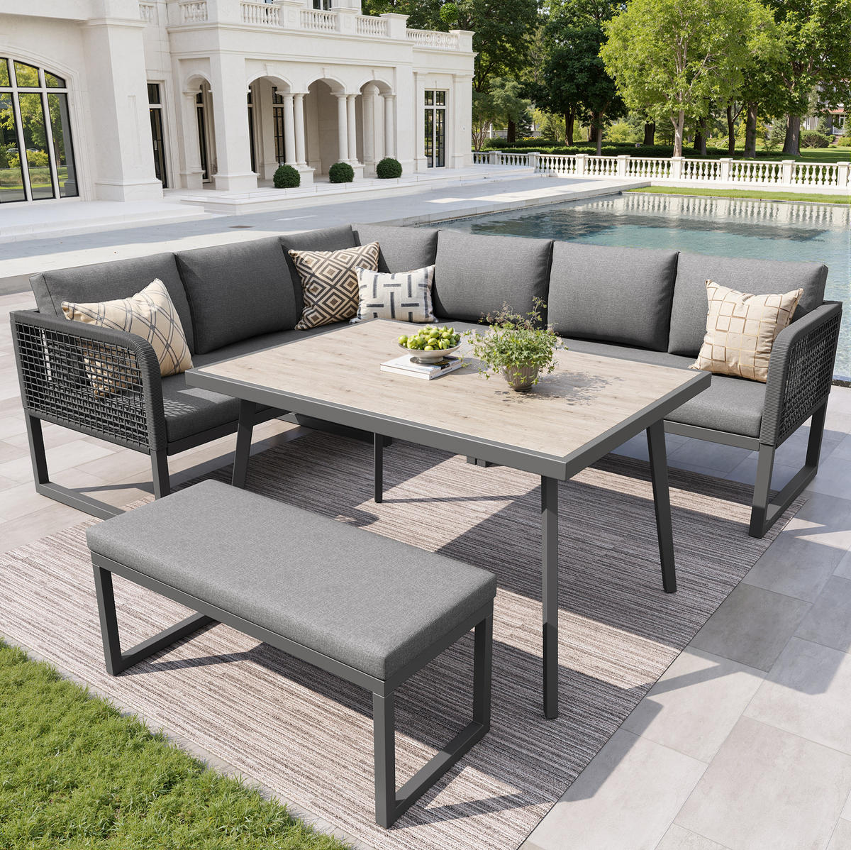 GARTENMÖBEL-SET mit Tisch 110/60/71 cm grau aus PE-Rattan mit Kissen - Grau, Metall - OKWISH