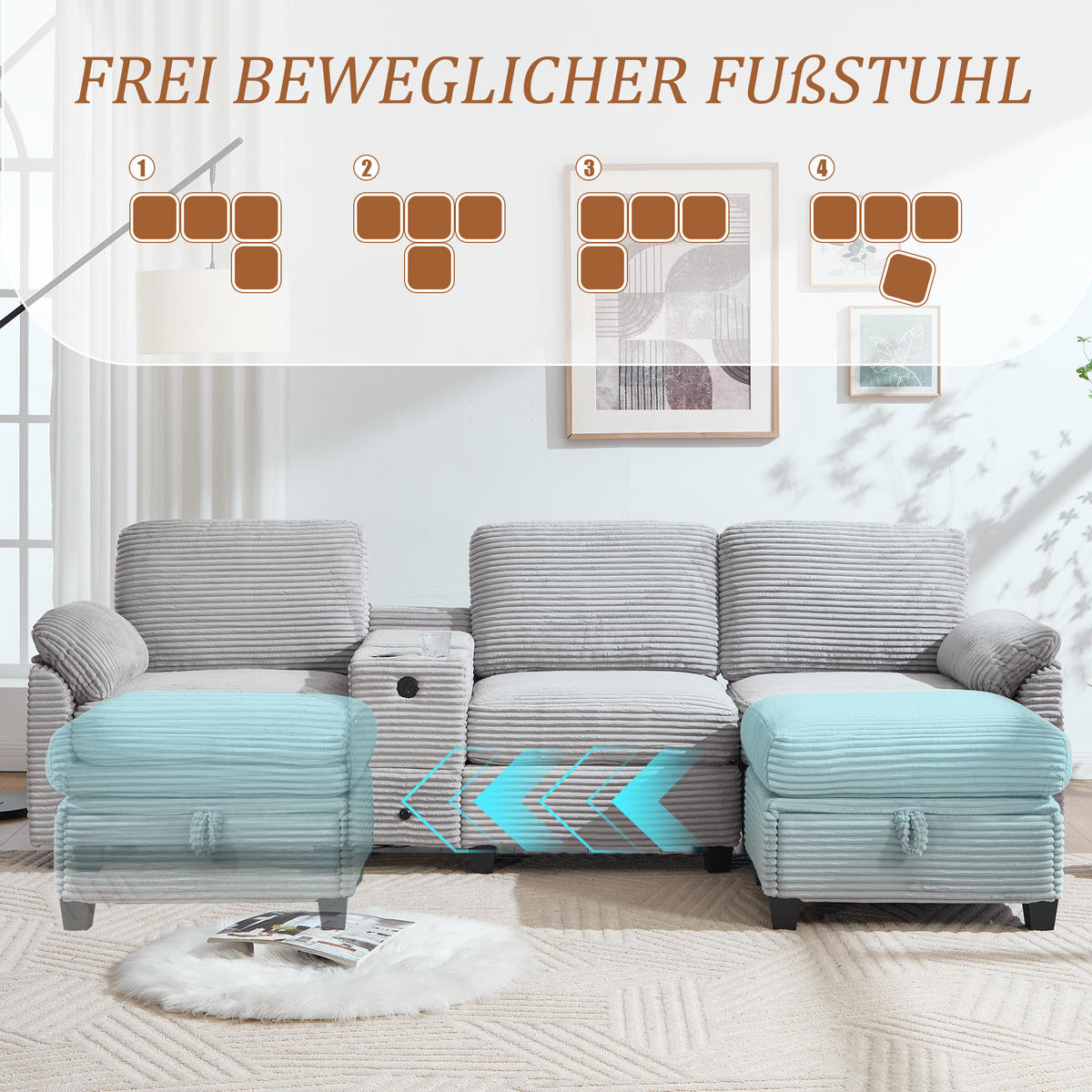 WOHNLANDSCHAFT Cord mit Stauraum und USB-Anschluss 266/136/82 cm Hellgrau - Hellgrau, Textil (136/82/266cm) - Redom