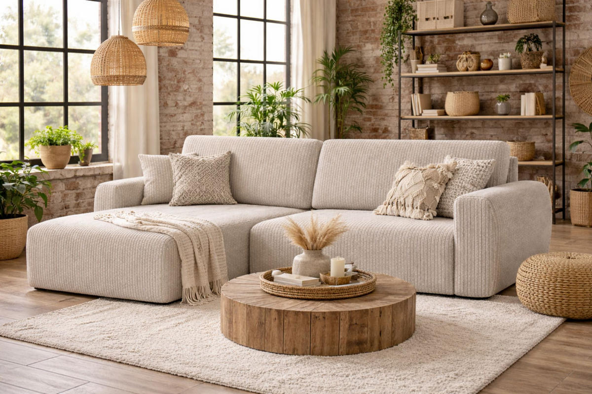 ECKSOFA Mit Schlaffunktion Ariel L, Cordstoff, Stoff Poso, Beige, Links - Beige, Holz (250/142cm) - Kaiser Möbel