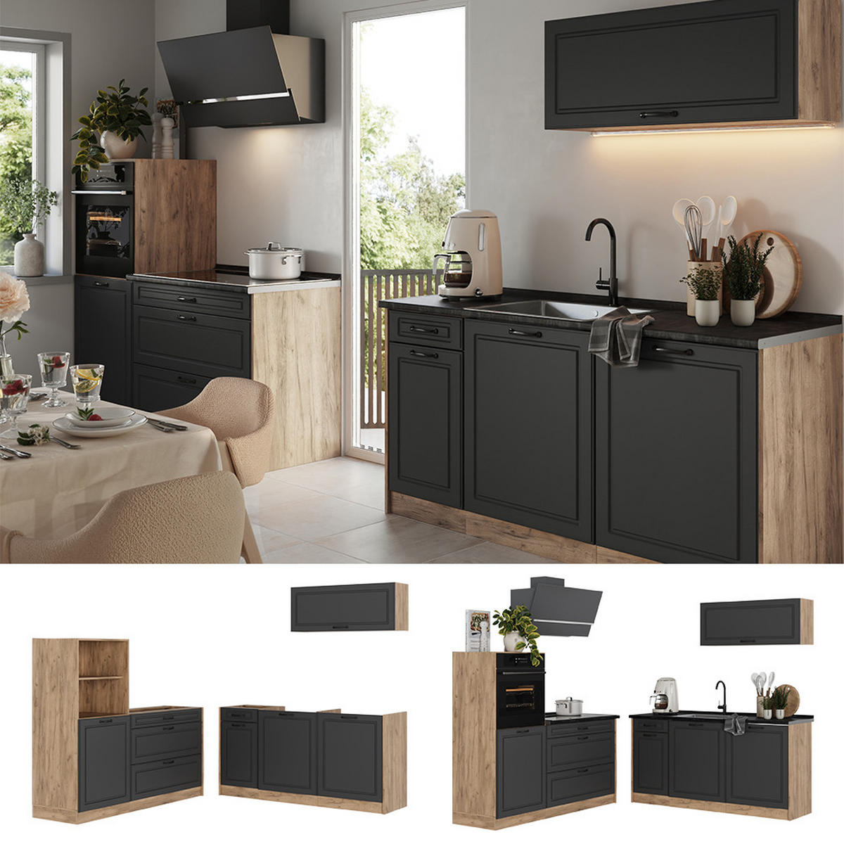 KUCHYNKA R-Line, Antracitový vidiecky dom/Dub Goldkraft, 160 cm antrasiitti työtaso - dub medový/antracitová, kompozitné drevo (160/143/60cm) - Vicco