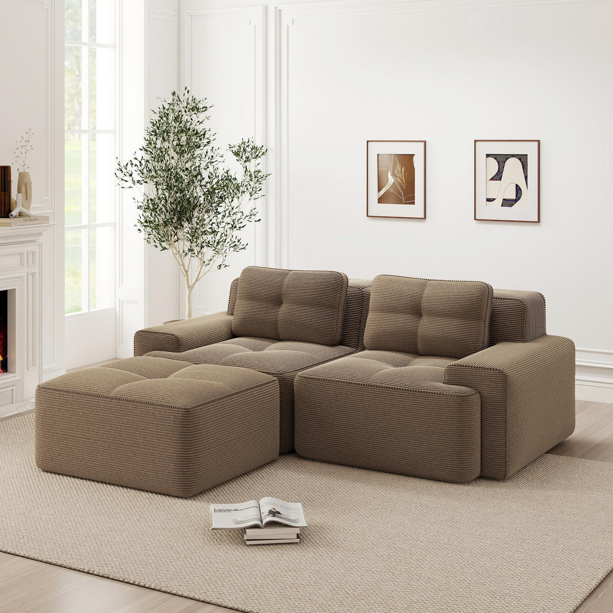 ECKSOFA aus Cord in Braun mit Tiefsitz & flexiblem Moduldesign - Braun, Textil (177/204cm) - Modfu