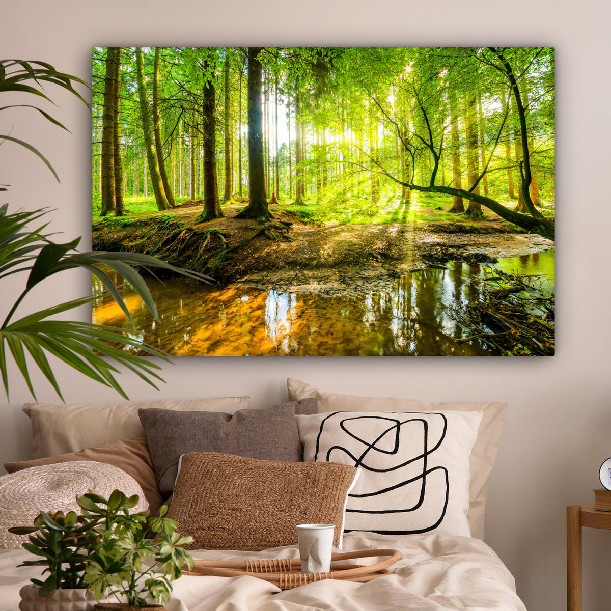 LEINWANDBILD Wald - Landschaft - Wasser - Bäume - Sonne - Grün - Natur Wohnzimmer 120x80 cm - Grün, Textil (120/80cm) - MuchoWow