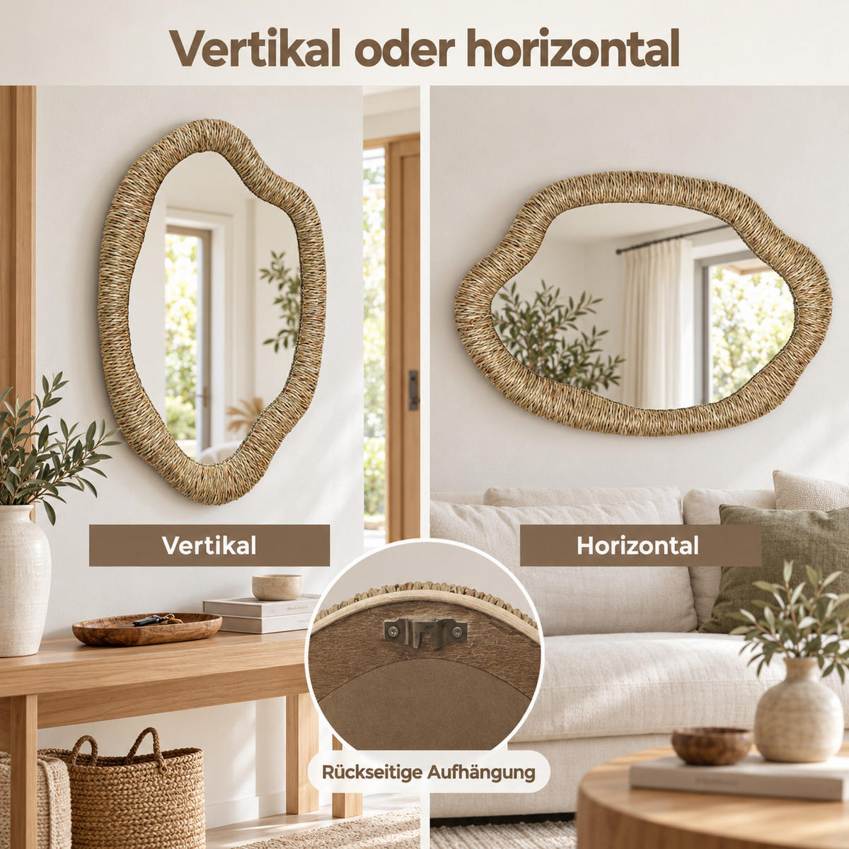 SEEGRAS-WANDSPIEGEL 75×50 cm, organische Form für Wohnzimmer,Flur - Dunkelgelb, Naturmaterialien (3.5/75/50cm) - Hometopia