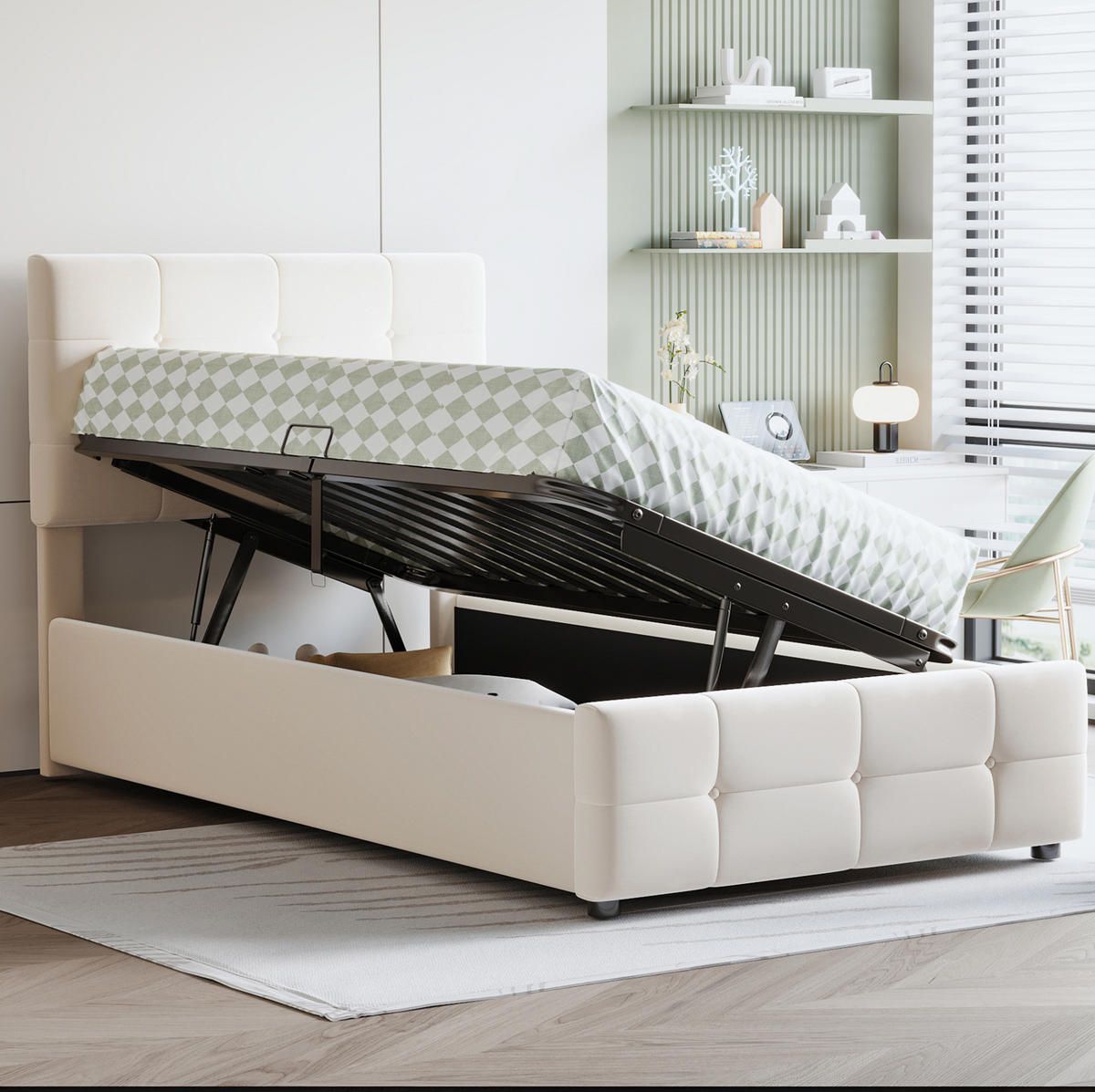 POLSTERBETT aus Samtstoff 90x200 cm in Beige mit hydraulischem Stauraum - Beige, Textil (90/200cm) - Modfu