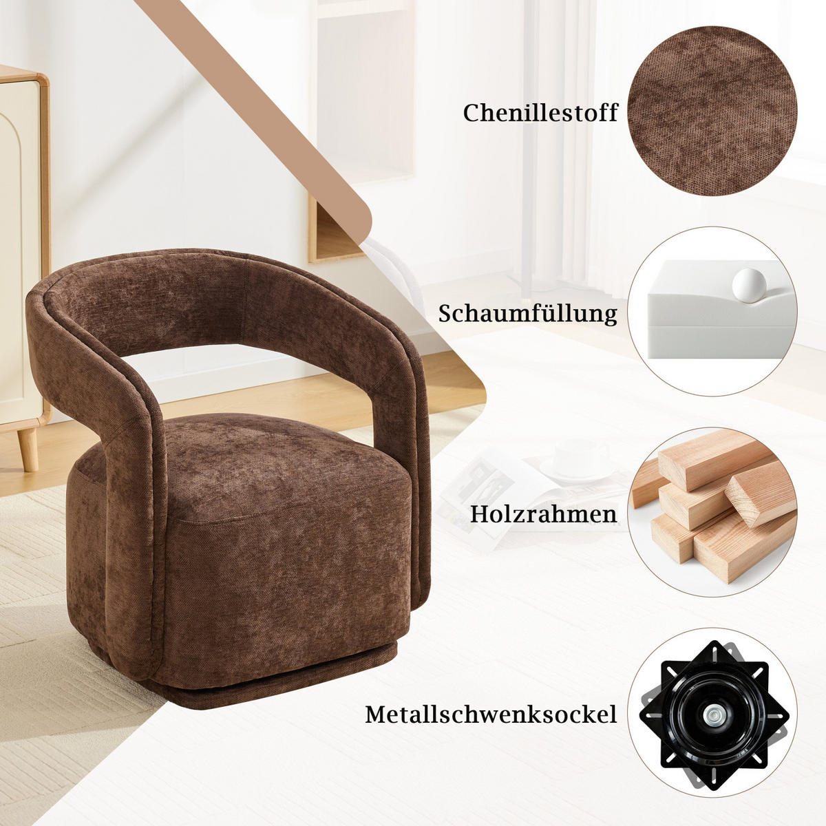 SESSEL,360 Grad Drehsessel Chenille Braun, Wohnzimmer Relaxsessel - Braun, Textil (70/74/65cm) - PARAFTA HOME