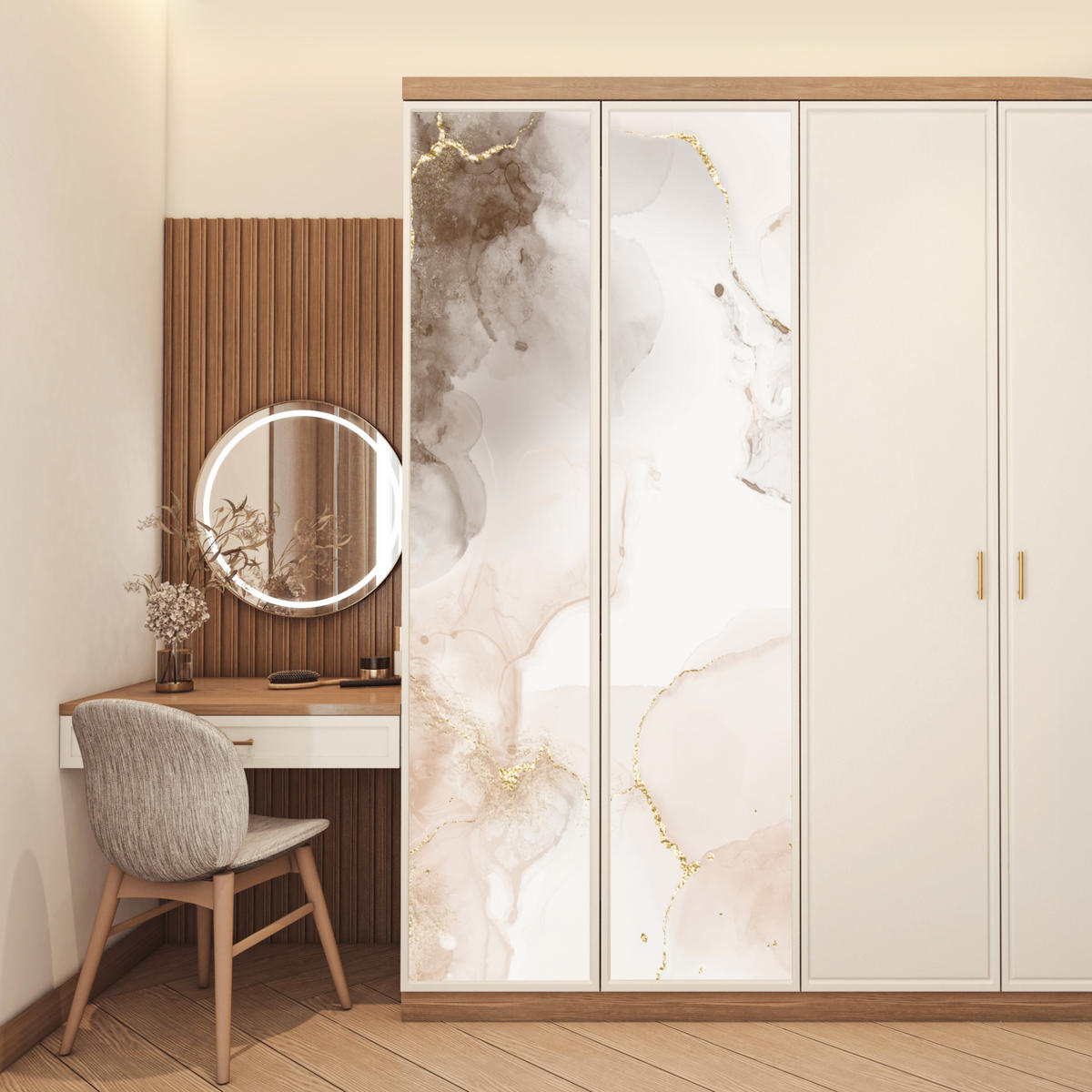 TÜRAUFKLEBER Selbstklebend - Marmor - Braun - Linie 95x235 cm - Türtapete - Champagner, Kunststoff (95/0.1cm) - MuchoWow