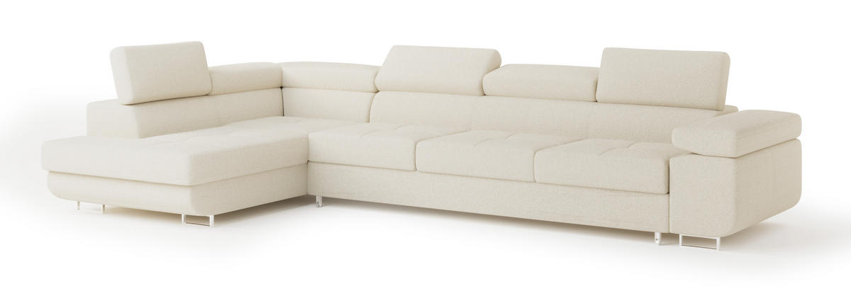 ECKSOFA VICENTE Creme Boucle-Stoff mit Schlaffunktion - Creme, Holz (346/202cm) - MASSENO