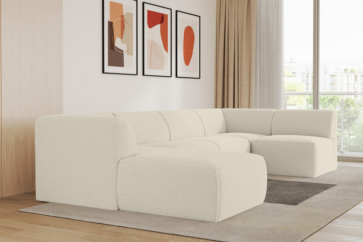 WOHNLANDSCHAFT Ottomane Links MOVO-L 345x180x78 cm Beige Bouclé - Hellbraun, Holzwerkstoff/Kunststoff (345/78/180cm) - ALTDECOR