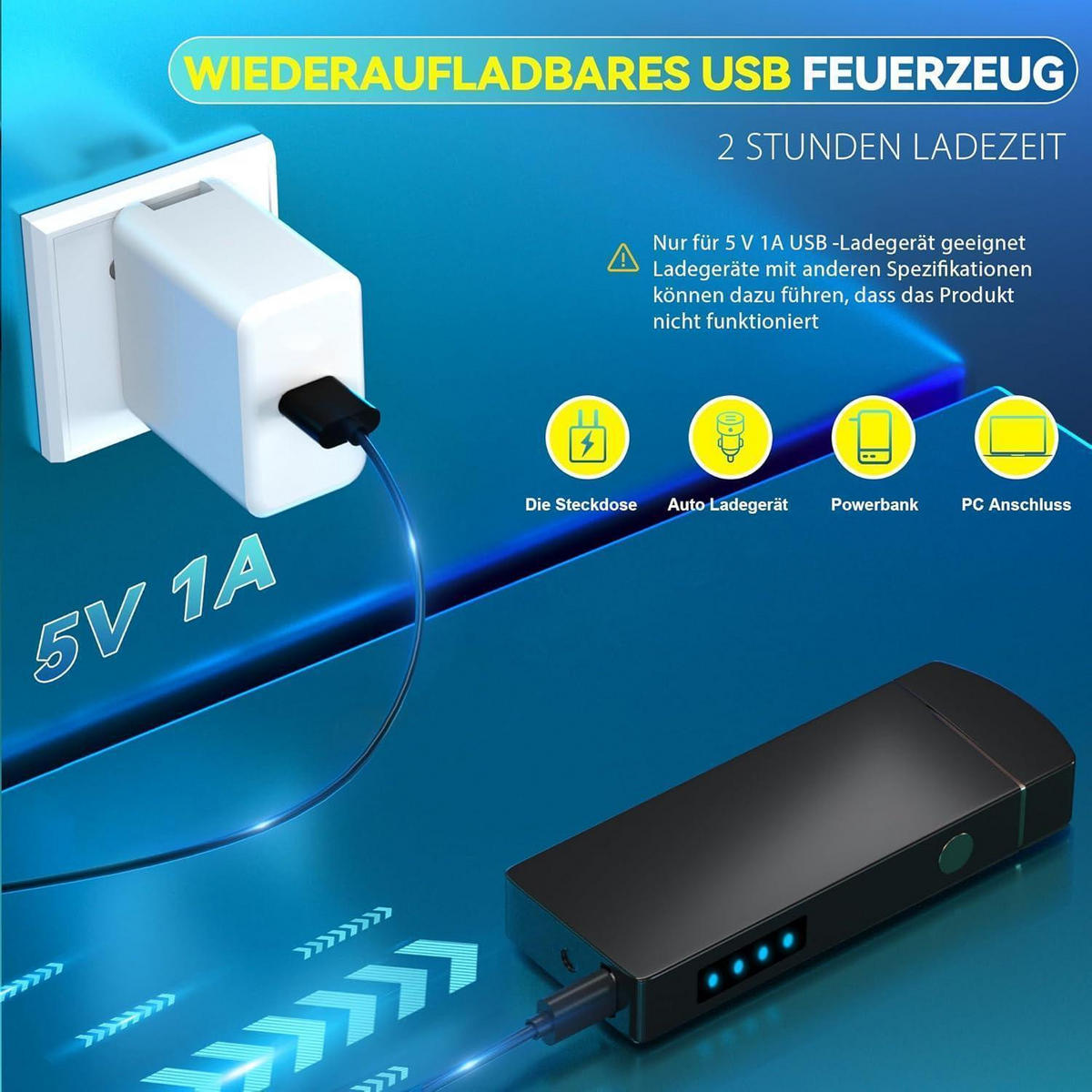 FEUERZEUG Elektrisch USB Aufladbar Winddicht Schwarz - Schwarz, Metall (2.8/1/7.4cm)