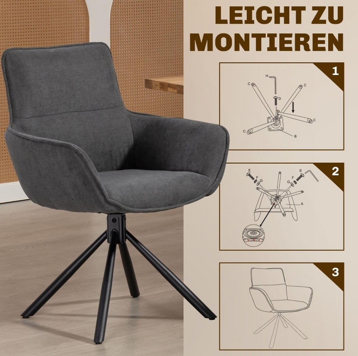 ESSZIMMERSTUHL 2er-Set drehbar mit Armlehnen Metall Dunkelgrau - Dunkelgrau, Metall (64/87/67cm) - Meubliv