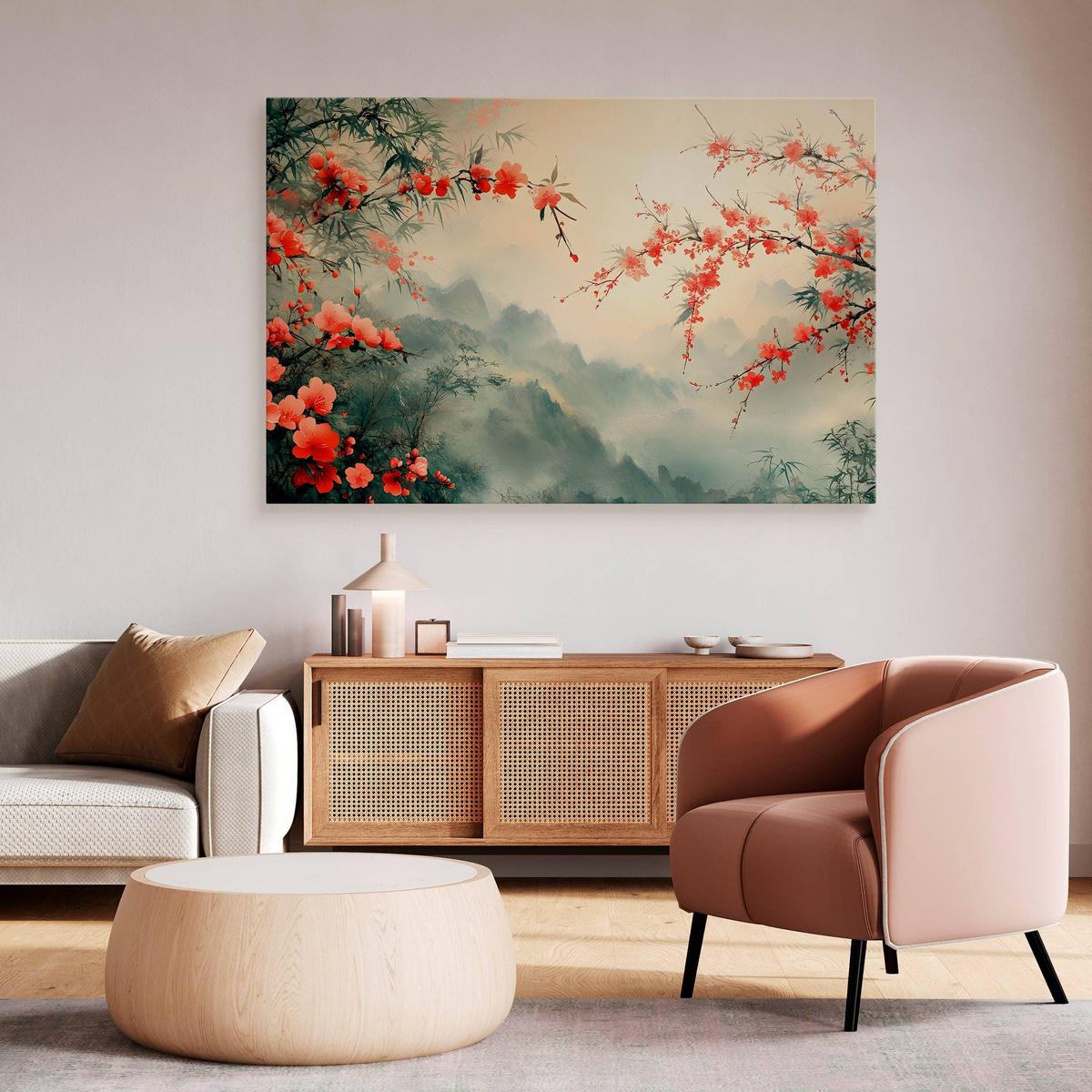 LEINWANDBILD Blumen Pflanzen Berge Landschaft 70cm x 50cm - Rot/Schwarz, Textil (70/50cm) - Muralo