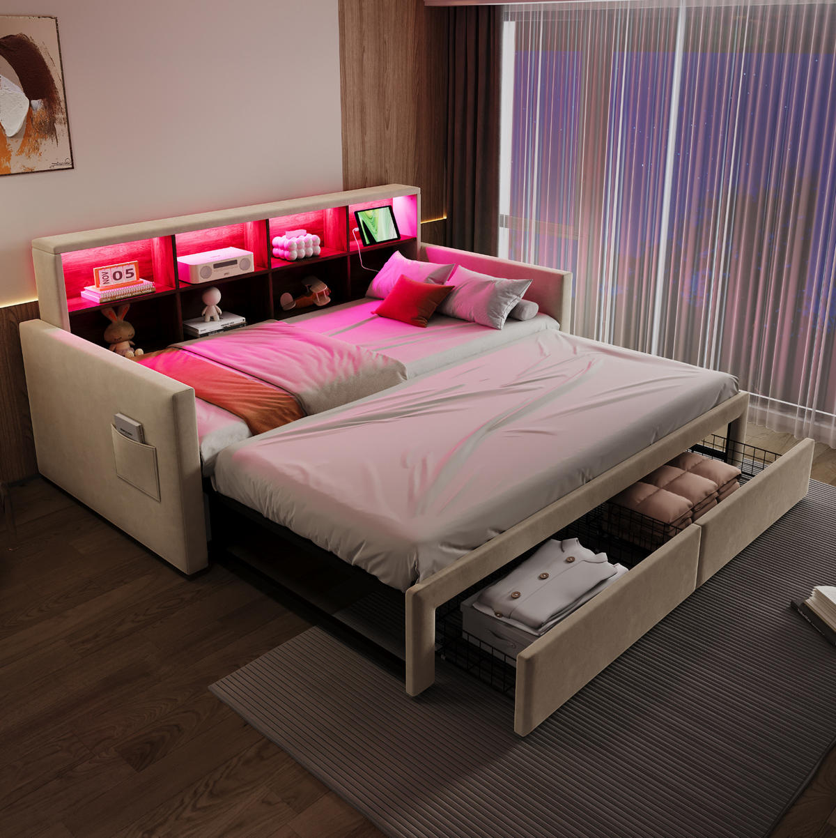 POLSTERBETT 90/190 cm Beige aus Samt mit Stauraum und LED-Beleuchtung - Beige, Textil (90/190cm) - OKWISH