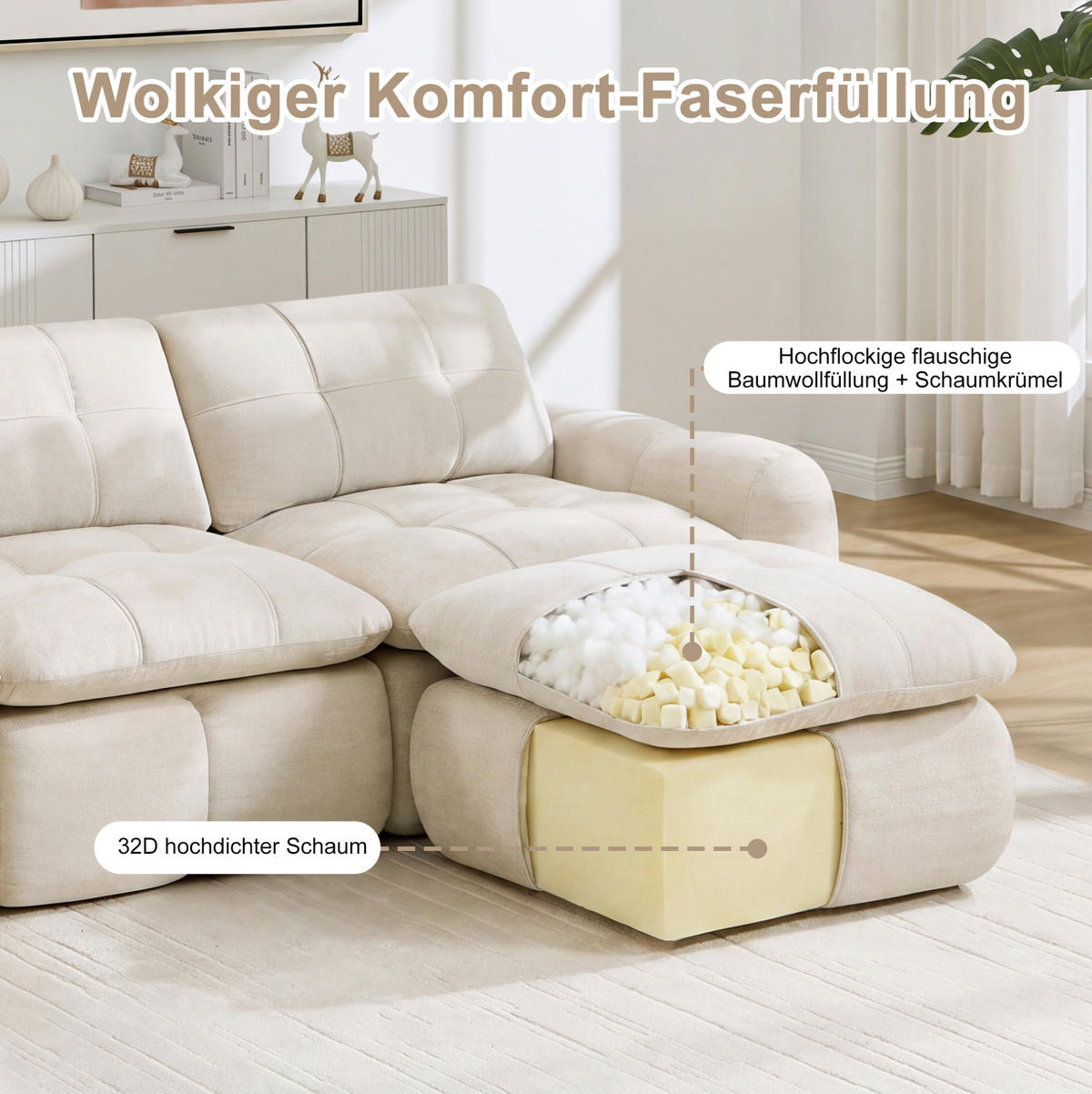 SOFA 264/160/68 cm in Beige aus Chenille mit Ottoman und flexiblem Design - Beige, Textil (160/68/264cm) - Flora Grace