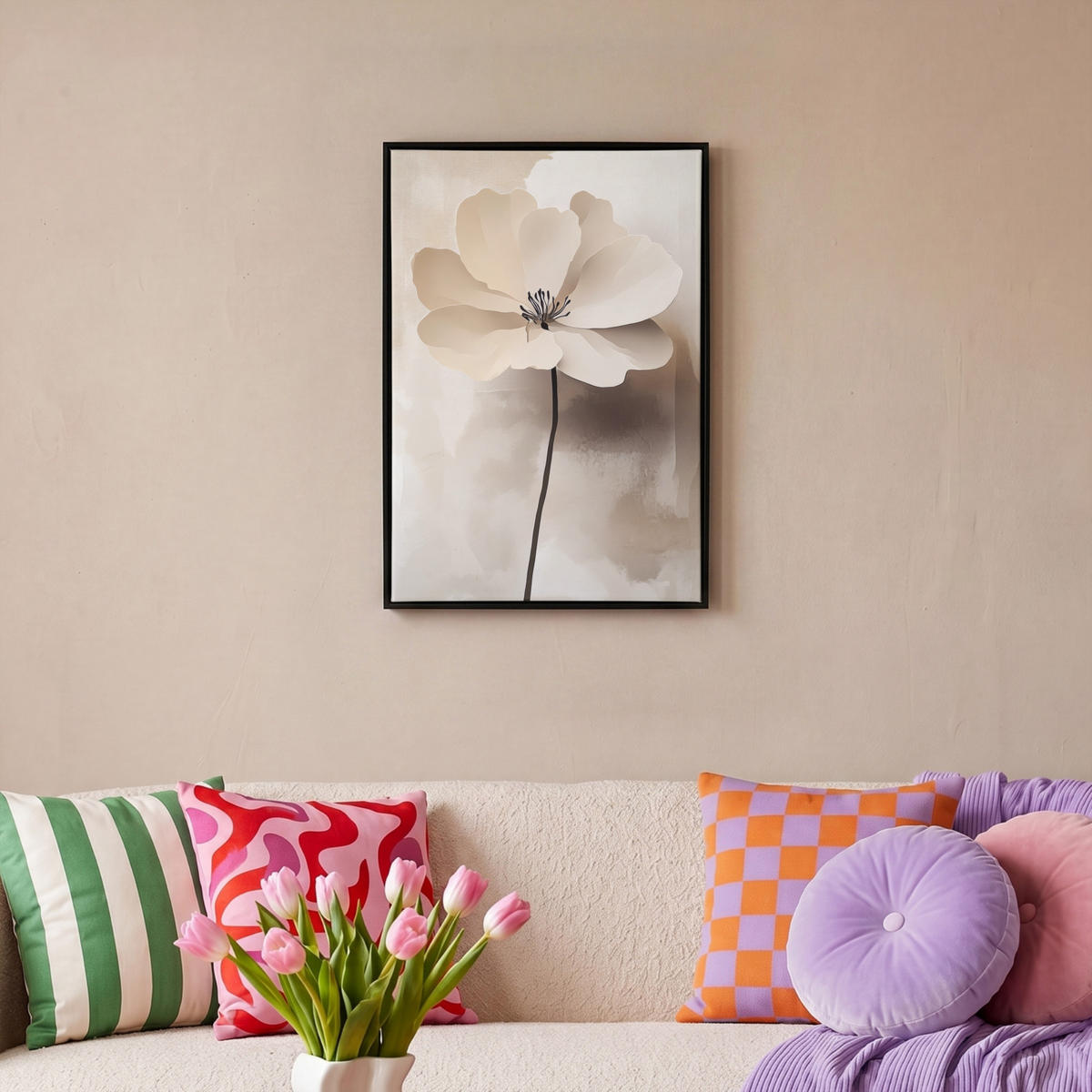 LEINWAND Bilder mit Rahmen - Blume - Beige - Farbe - Schatten - 40x60 - Creme, Textil (40/60cm) - MuchoWow