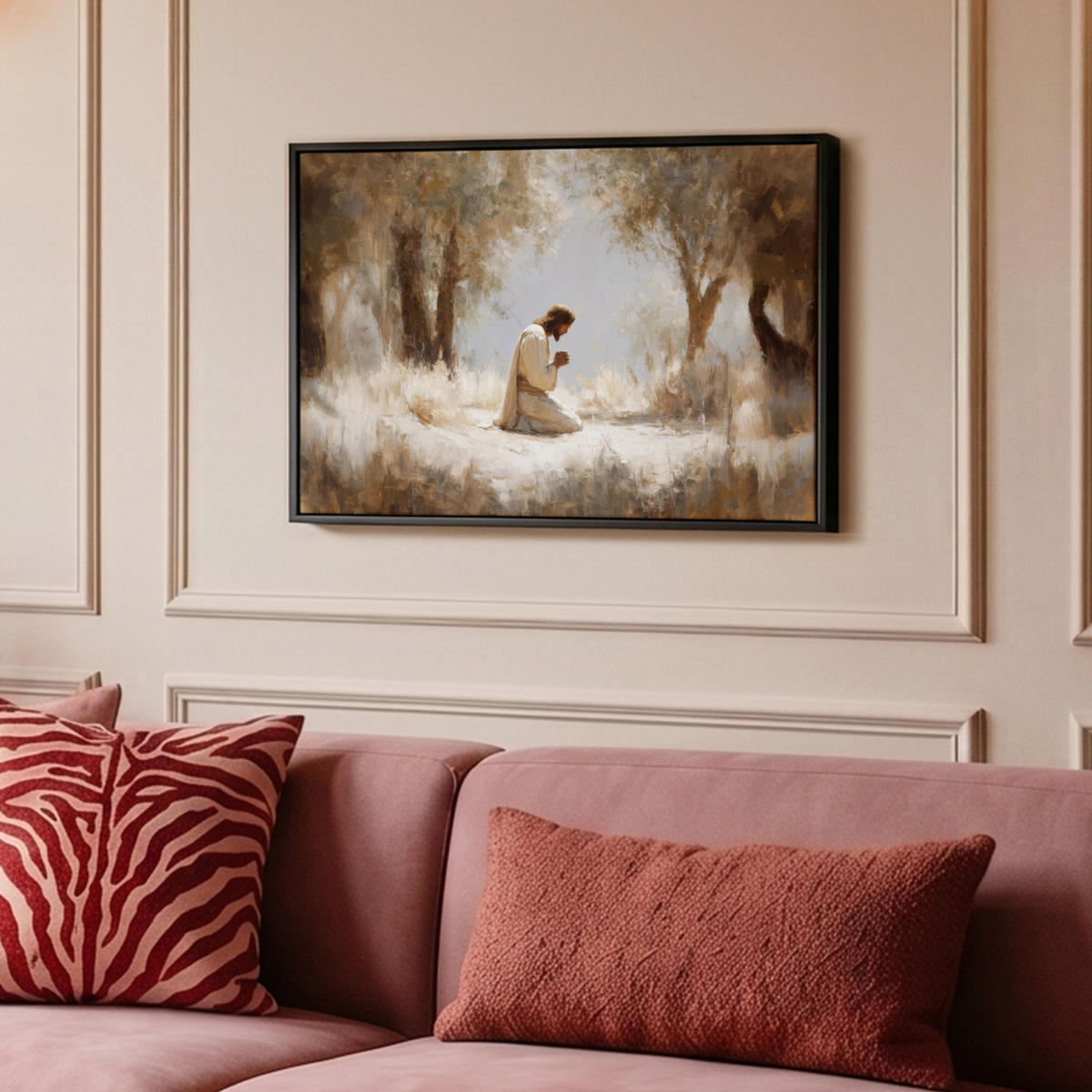 LEINWAND Bilder mit Rahmen - Jesus - Kniend - Waldlandschaft - Betend - 60x40 - Beige, Textil (60/40cm) - MuchoWow