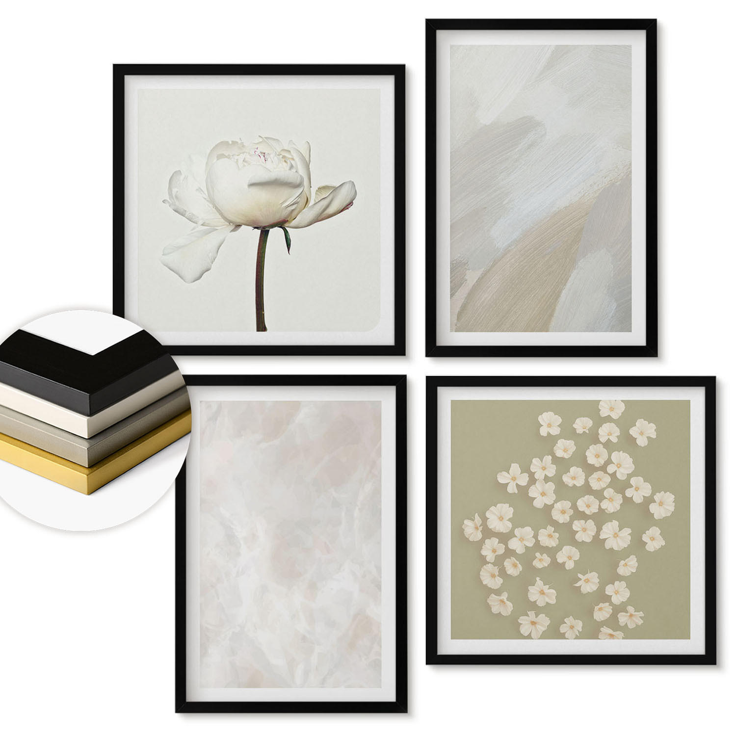 WANDBILDER 4er-Set - 50x50 cm & 40x60 cm Schwarzer Rahmen - Blumen, modische Boho-Texturen - Schwarz, Kunststoff (50/50cm) - ArtPrintCave