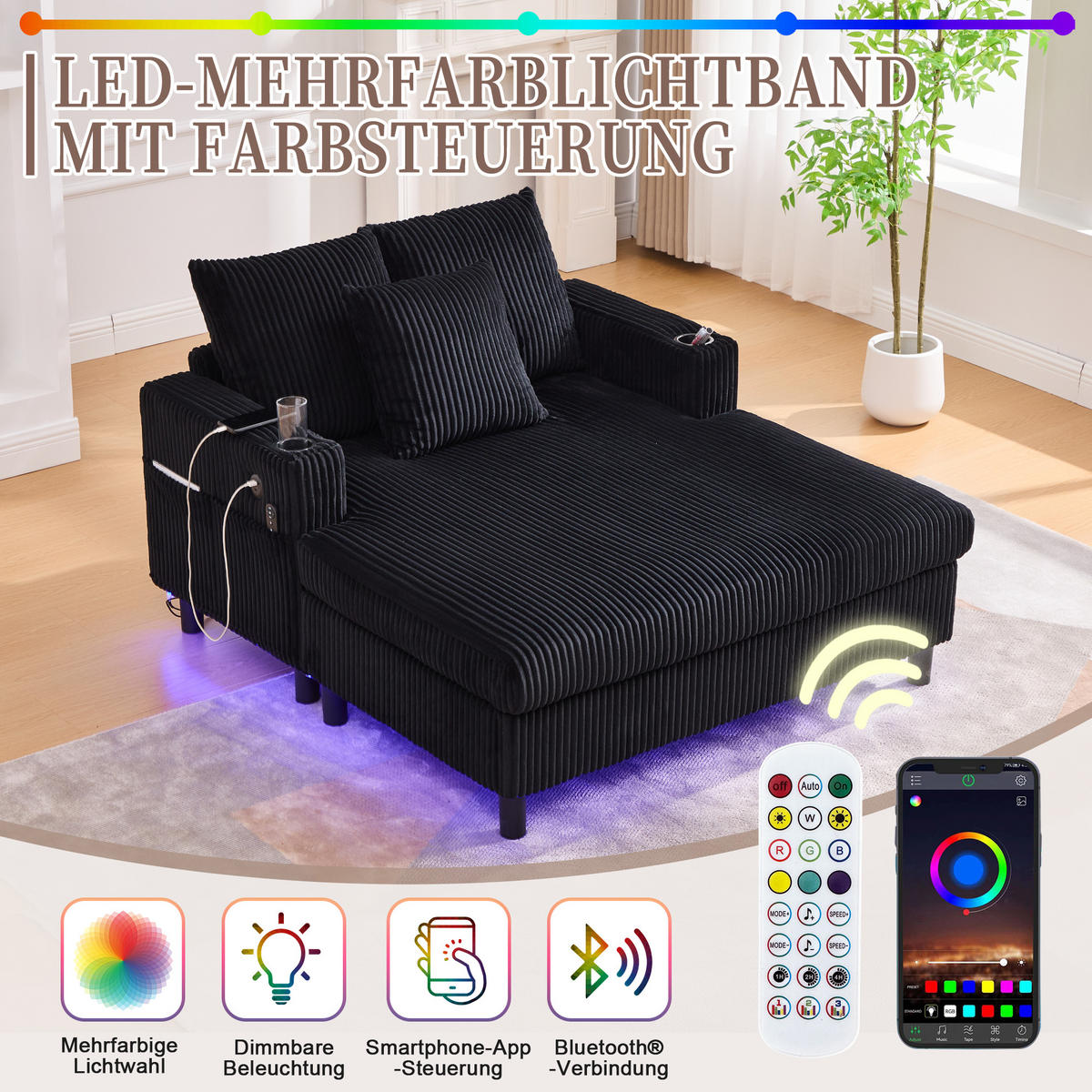 CHAISELONGUE 2-Sitzer Cord Schwarz mit LED, USB und Getränkehalter - Schwarz, Holzwerkstoff/Kunststoff (128/85/142cm) - WISHDOR
