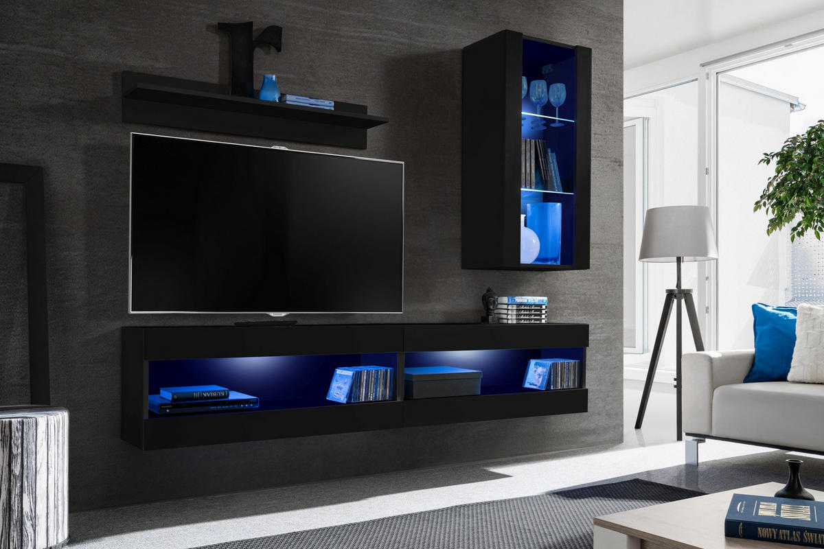 WOHNWAND TIVOLI SET5-BLACK/BLACK+BLU Offener Raum Schwarz Schwarz - Schwarz, Glas/Holzwerkstoff (200/195/35cm) - Komodee
