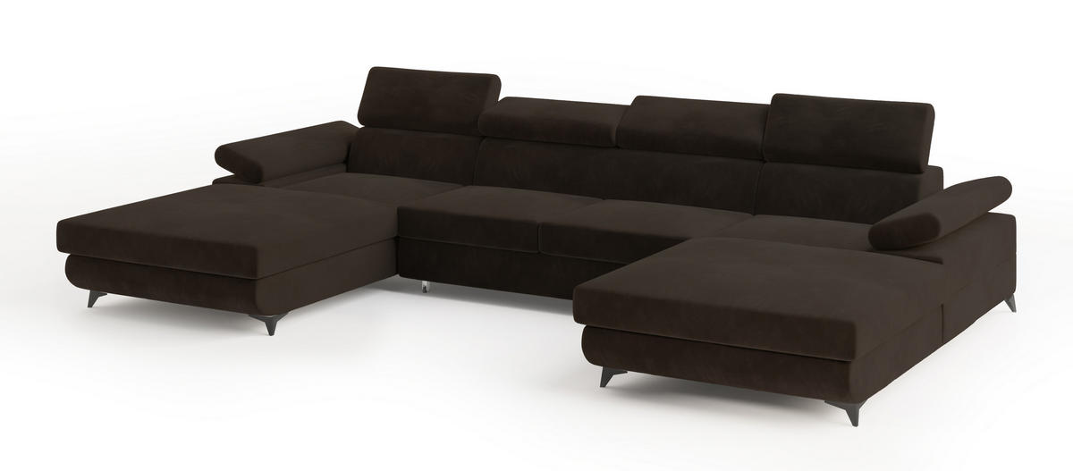 WOHNLANDSCHAFT DETTI Braun Velours-Stoff mit Schlaffunktion - Braun, Holz (339/89/190cm) - MASSENO