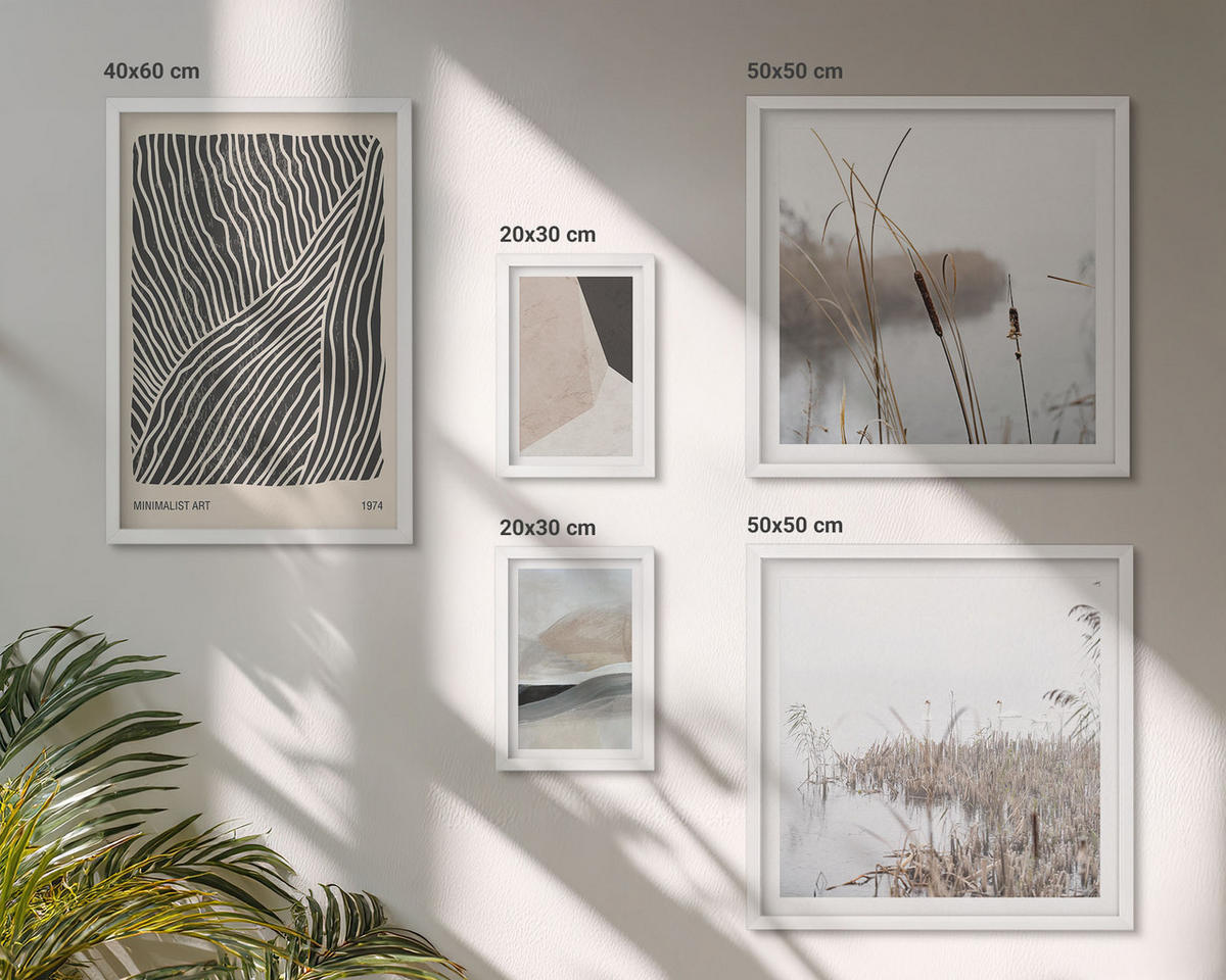 WANDBILDER 5er-Set - 50x50 cm & 20x30 cm & 40x60 cm Weißer Rahmen - Abstrakte Boho-Dekorationsmuster - Weiß, Kunststoff (40/60cm) - ArtPrintCave