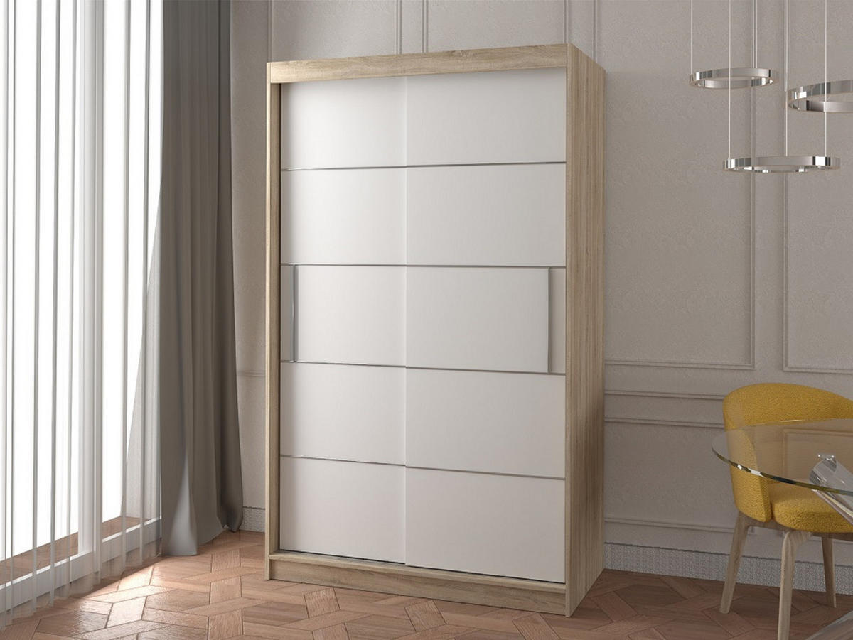 SCHIEBETÜRENSCHRANK - Noah 06 - Sonoma + Weiß - Weiß/Sonoma Eiche, Holzwerkstoff/Metall (120/200/61cm) - Möblo
