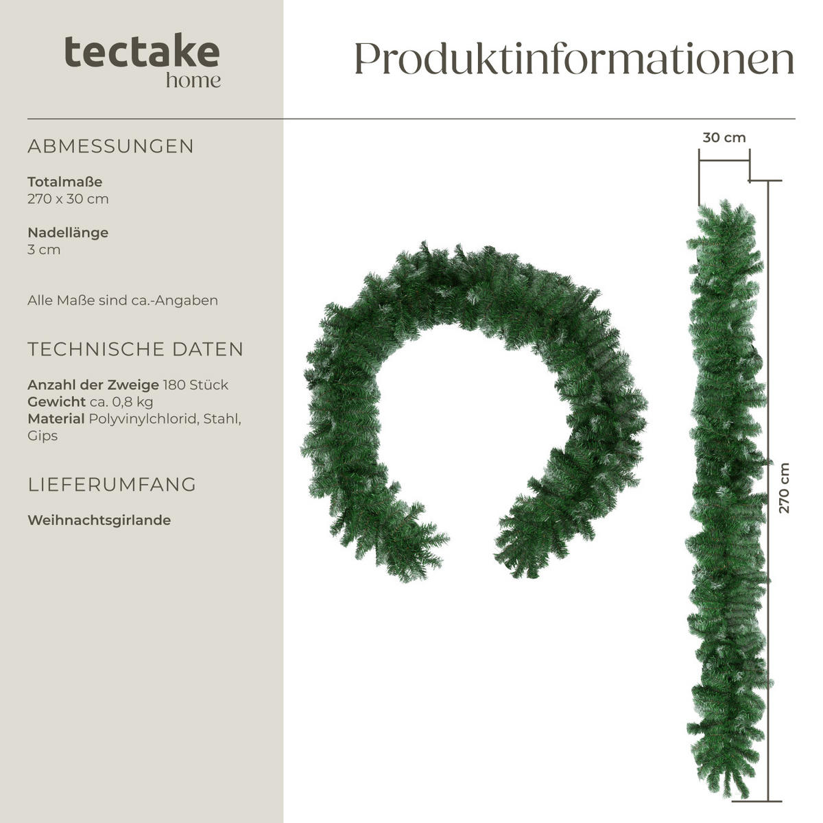 WEIHNACHTSGIRLANDE ,mit Schlaufe zum Aufhängen,grün - Grün, Kunststoff (270cm) - tectake