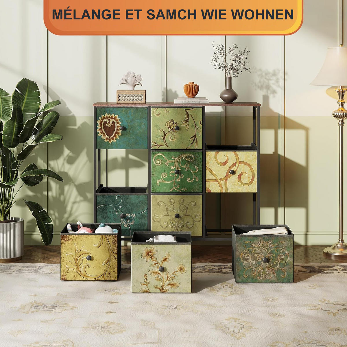 KOMMODE mit 9 Schubladen Metallgestell Stoff Kommode - Multicolor, Holz (30/86.5/100cm)