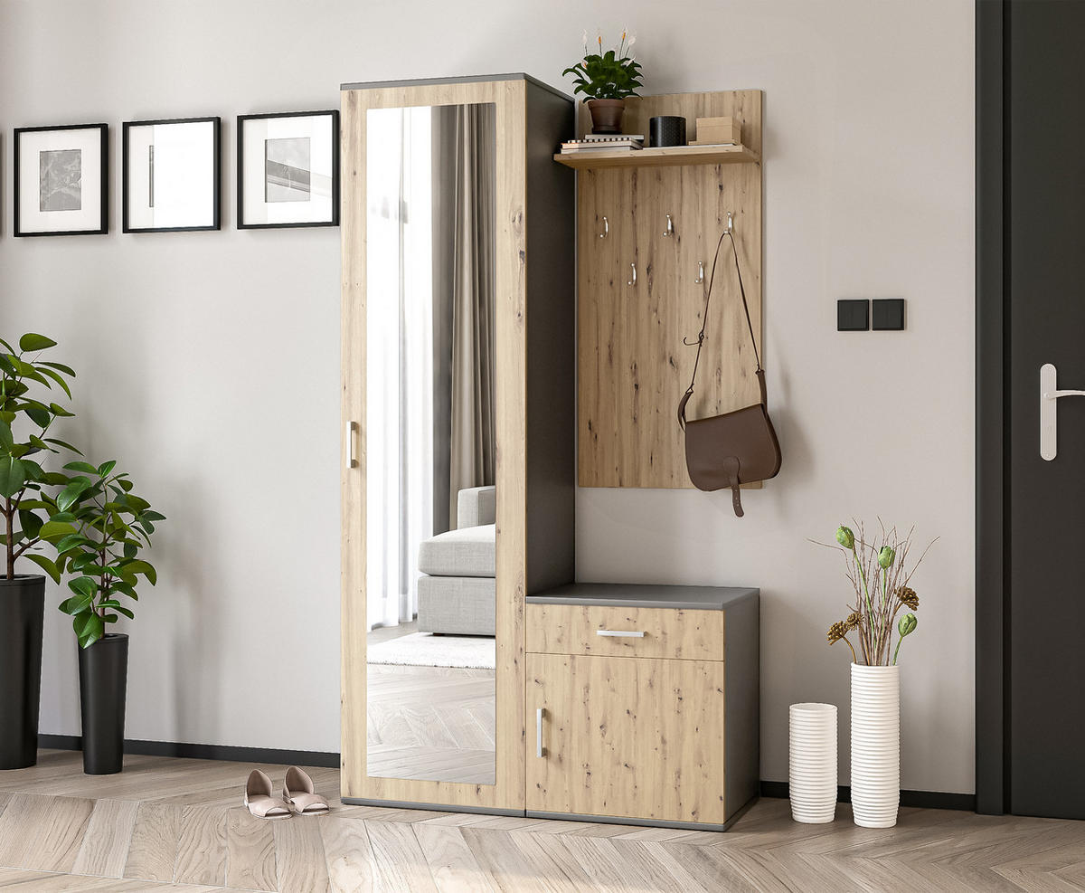 GARDEROBENSCHRANK Magnola Grau Artisan Eiche 100/180,5/35 cm – Modern, mit Spiegel und viel Stauraum - Hellbraun/Grau, Holzwerkstoff/Kunststoff (100/180.5/35cm) - AX Living