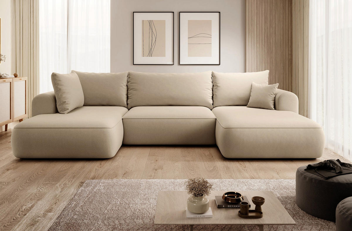 WOHNLANDSCHAFT Ovo Beige Velours - Beige/Schwarz, Textil (375/95/185cm) - Selsey