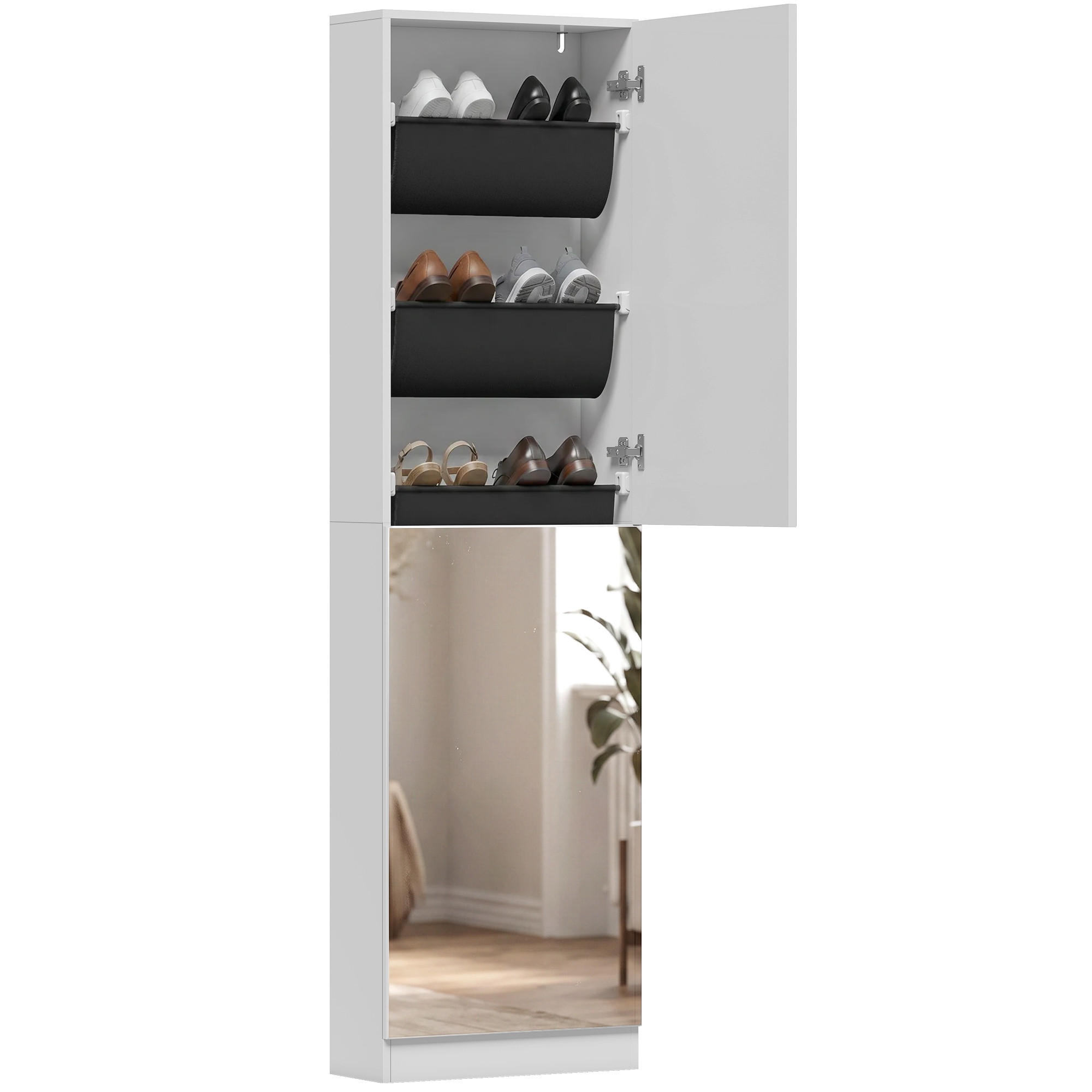 SCHUHSCHRANK,5-STUFIG mit Spiegel Soft-Close Türen 50x20x180cm,weiß - Weiß, Holzwerkstoff (50/180/20cm) - Vallsero