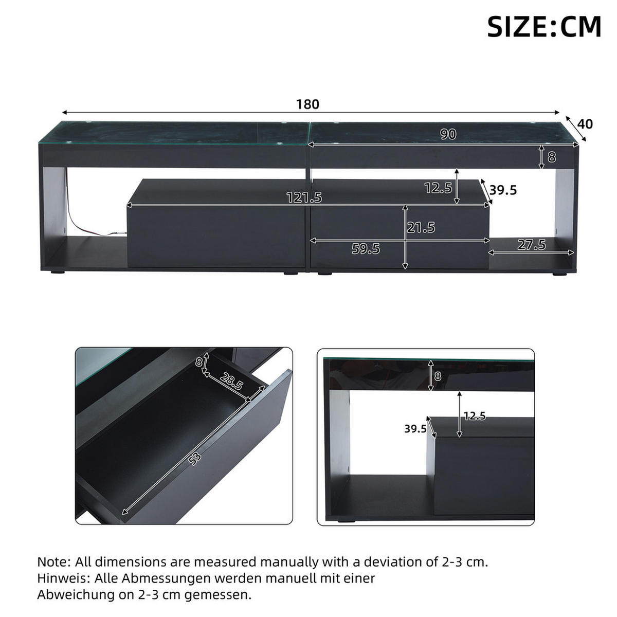 TV-SCHRANK Hochglanz LED-Beleuchtung 2 Schubladen Schwarz bis 70 Zoll - Schwarz, Holz (48.9/15.24/104.14cm) - FLIEKS