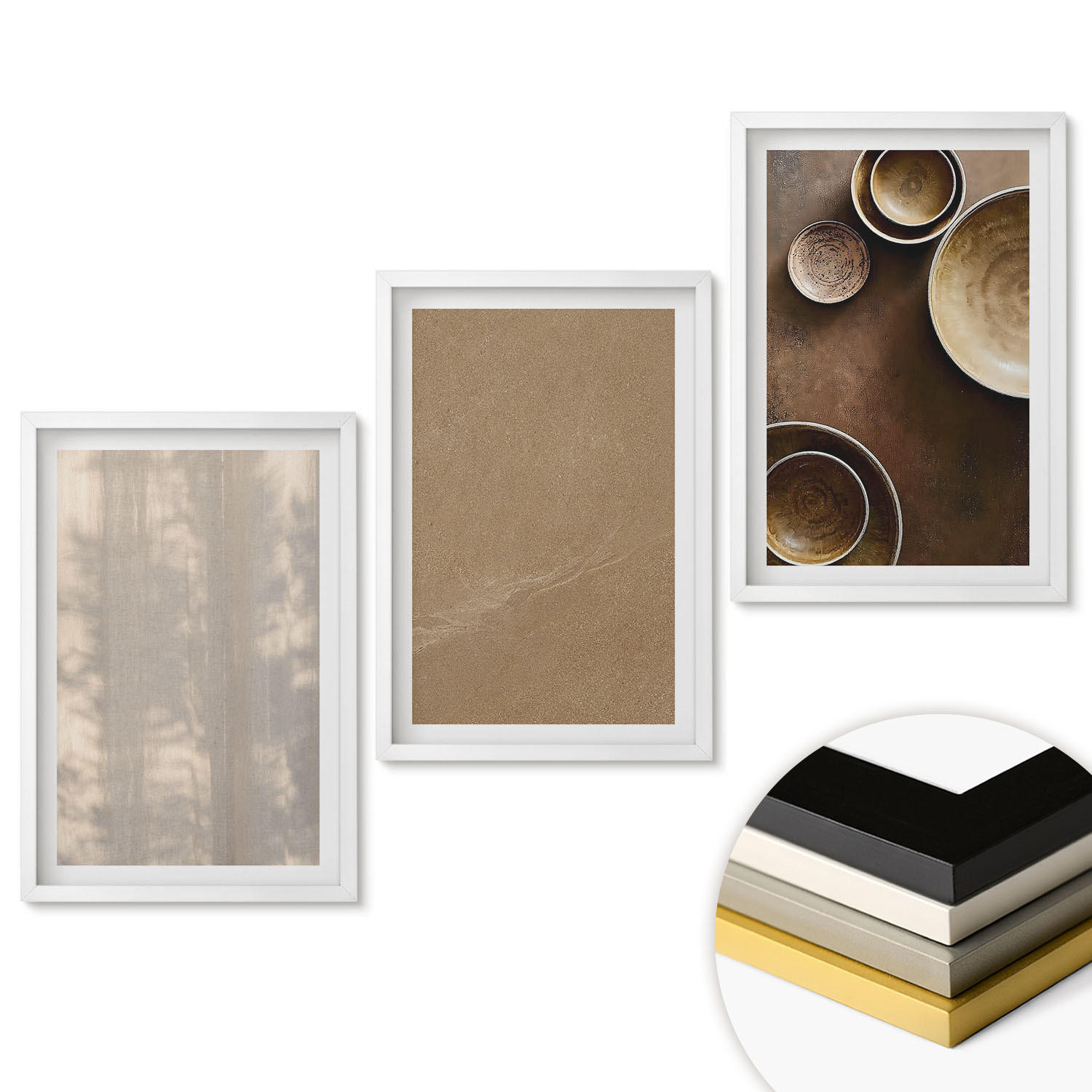 WANDBILDER 3er-Set - 40x60 cm Weißer Rahmen - Minimalistische Texturstrukturen - Weiß, Kunststoff (40/60cm) - ArtPrintCave