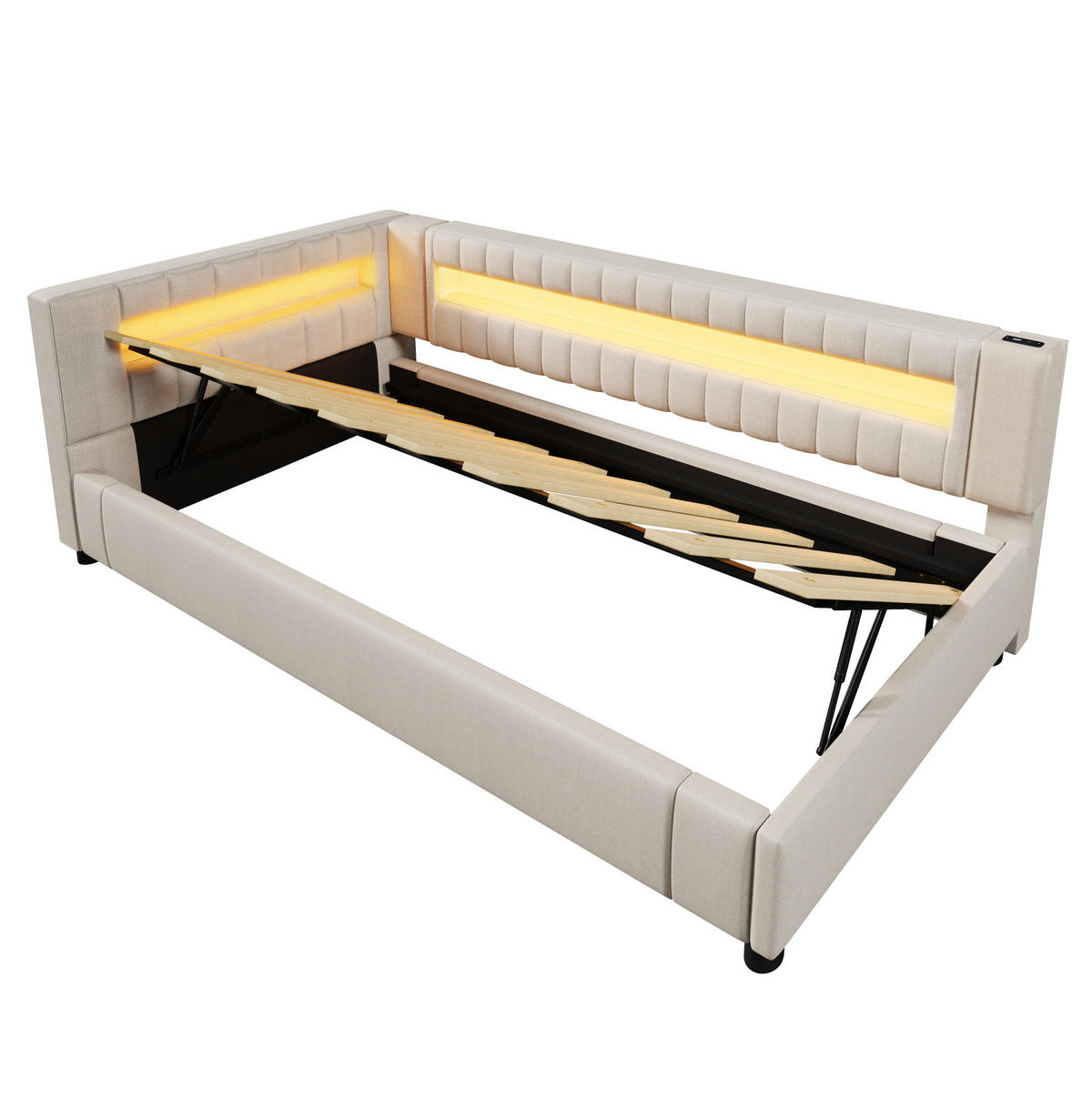 POLSTERBETT 90/200 cm in Beige mit LED-Beleuchtung, Stauraum und USB- und Type-C-Anschlüssen - Beige, Textil (90/200cm) - Flora Grace