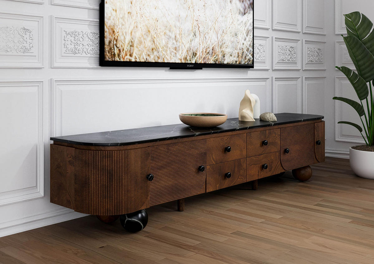 TV-BOARD Mango 240x40x50 dunkelbraun lackiert / Marmor schwarz FLORENZ #203 - Dunkelbraun, Holz (240/50/40cm) - Massivmoebel24