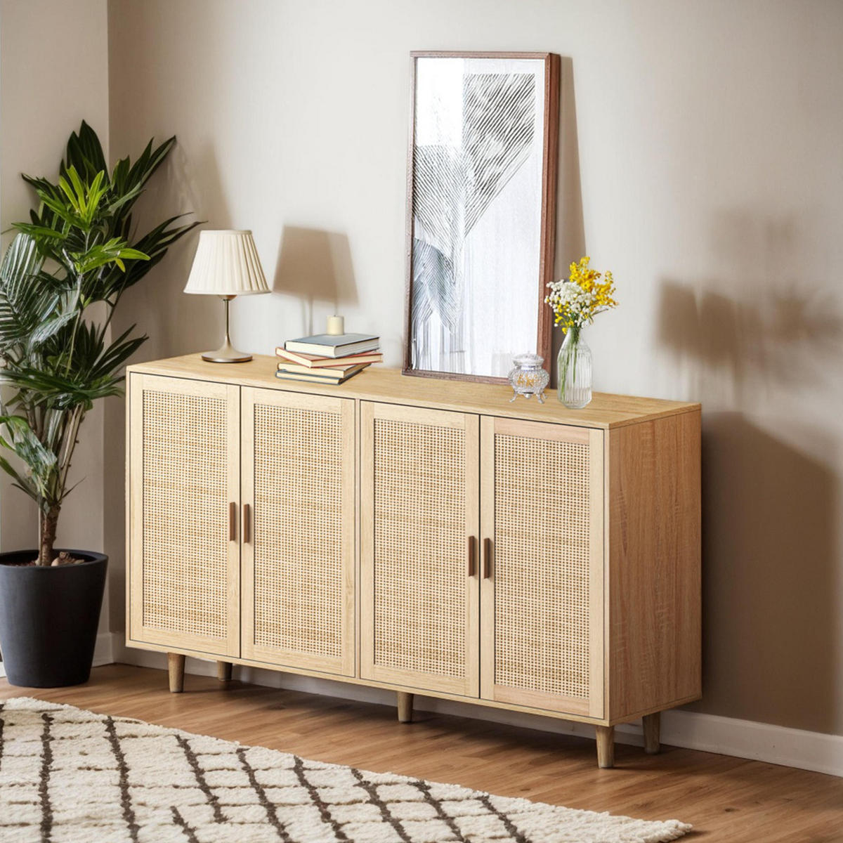 SIDEBOARD 158/40/88 cm aus Spanplatte mit 4 Rattantüren und verstellbarem Einlegeboden, Natur - Naturfarben, Holzwerkstoff (158/88/40cm) - Redom