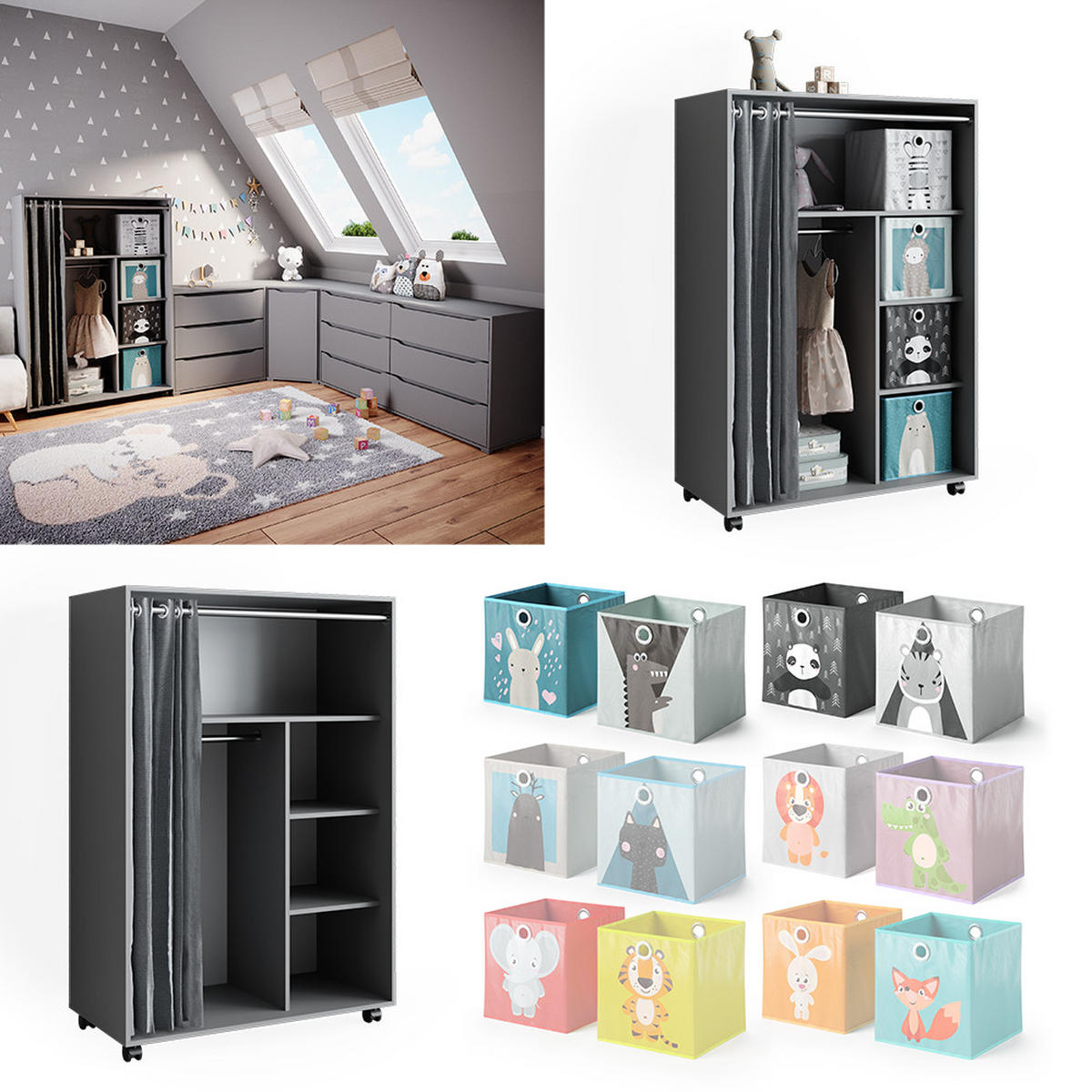 KLEIDERSCHRANK Doros Grau 100 x 146.6 cm mit Faltboxen - Grau, Holzwerkstoff (100/146.6/50cm) - Vicco