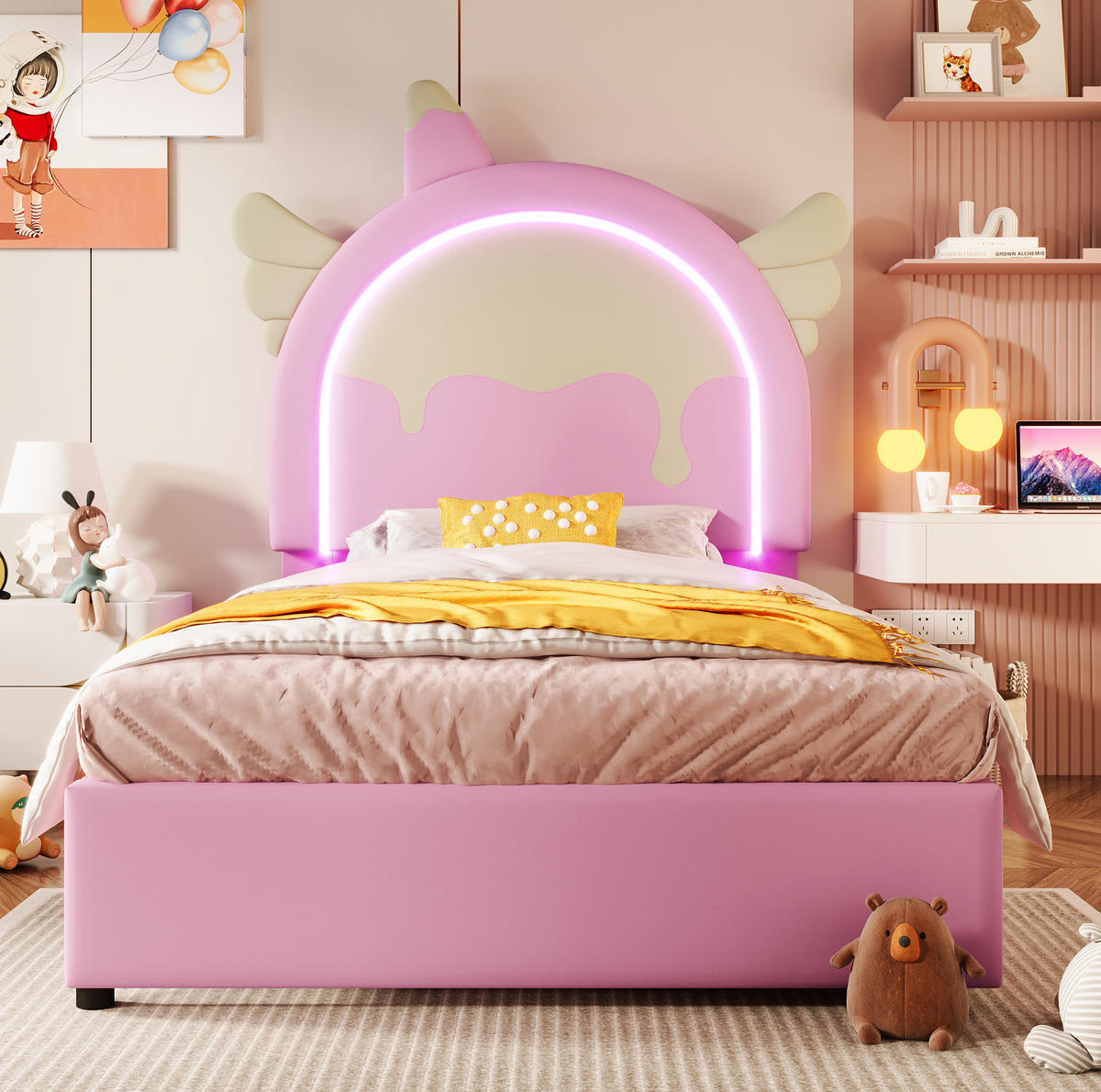 KINDERBETT aus PU und MDF 90x200 cm Rosa in Einhornform mit Leuchtleiste und 2 Schubladen - Rosa, Kunststoff (90/200cm) - IVMEU
