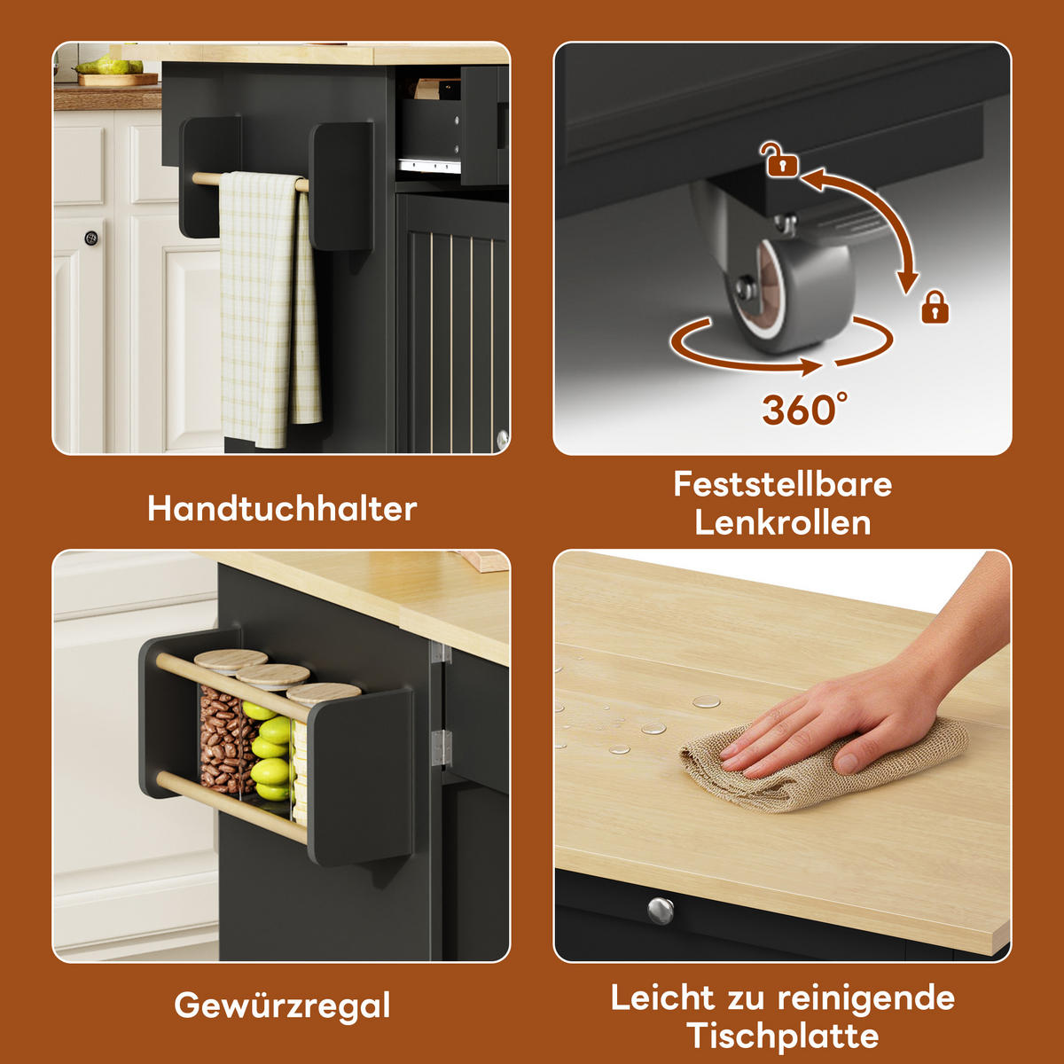 KÜCHENINSEL in Schwarz mit Holzoptik-Platte, klappbarer Arbeitsfläche und Rollen - Schwarz, Holzwerkstoff (120/92/70cm) - Urban Meuble