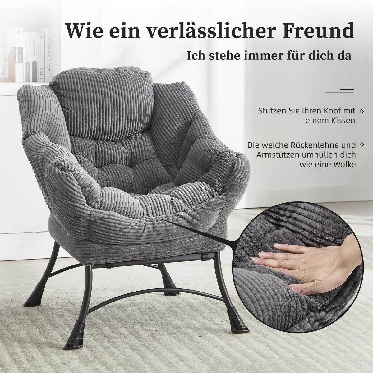 LOUNGESESSEL Relaxsessel mit Hocker,dicke Polsterung,Grau - Grau, Metall (70/95/64cm) - LVHOM