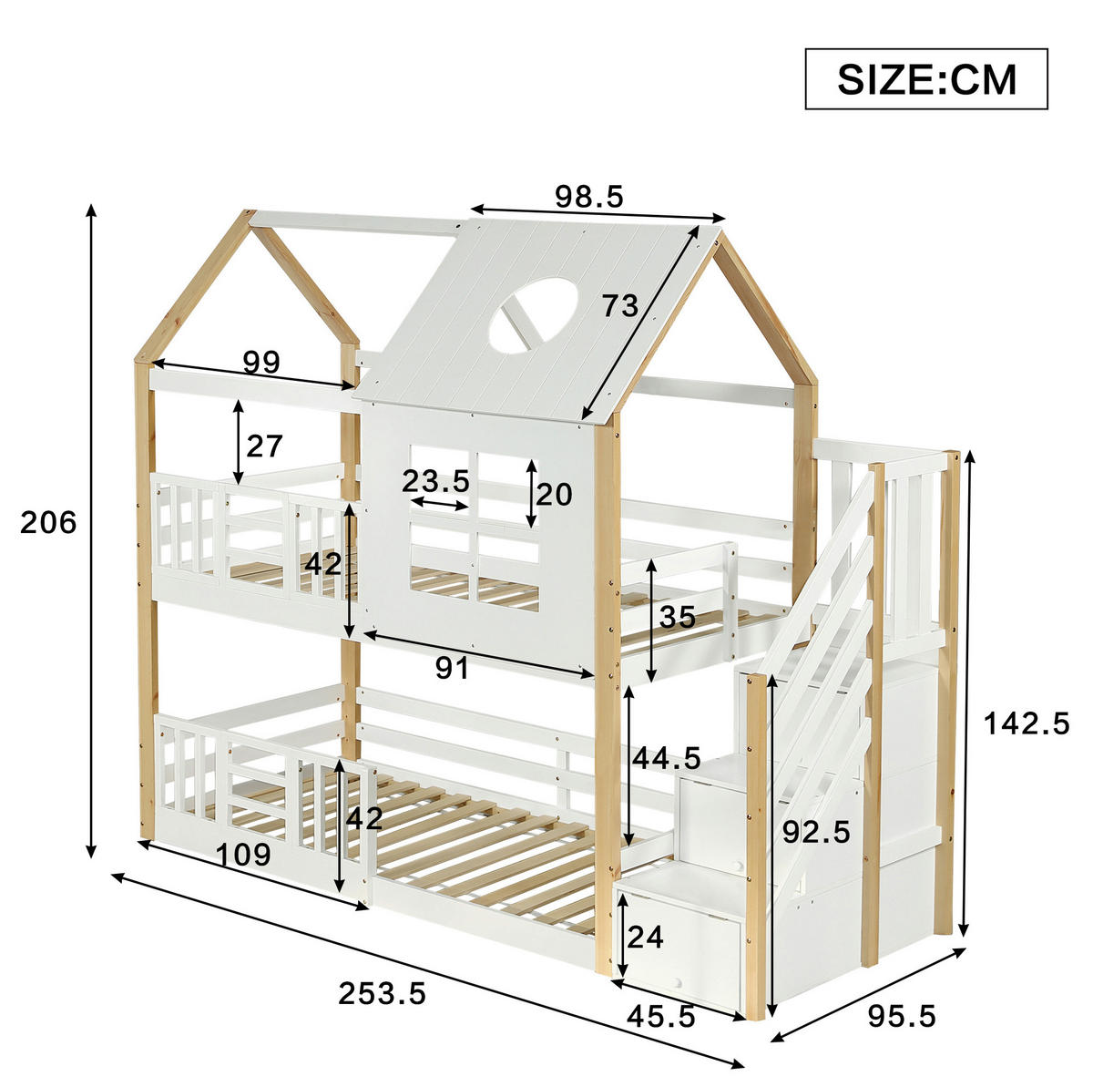 ETAGENBETT aus Kiefernholz und MDF 90x200 cm Weiß/Natur mit Aufbewahrungstreppe und Hausdesign - Weiß, Holzwerkstoff (90/200cm) - IVMEU