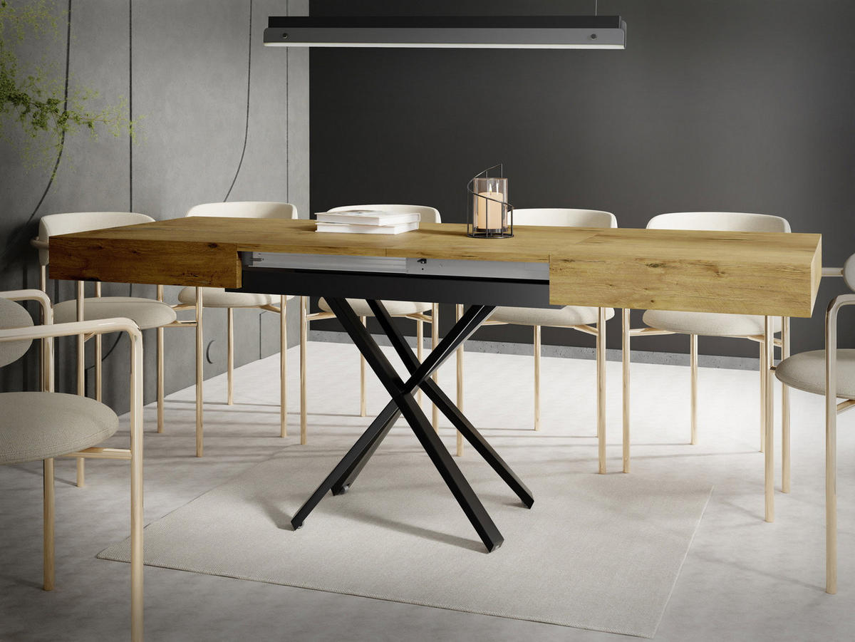 COUCHTISCH Cavetta X höhenverstellbar ausziehbar, Lancelot Eiche 120-200/80/27-76 cm - Eichefarben/Schwarz, Holzwerkstoff/Metall (80/200/76cm) - WFL GROUP