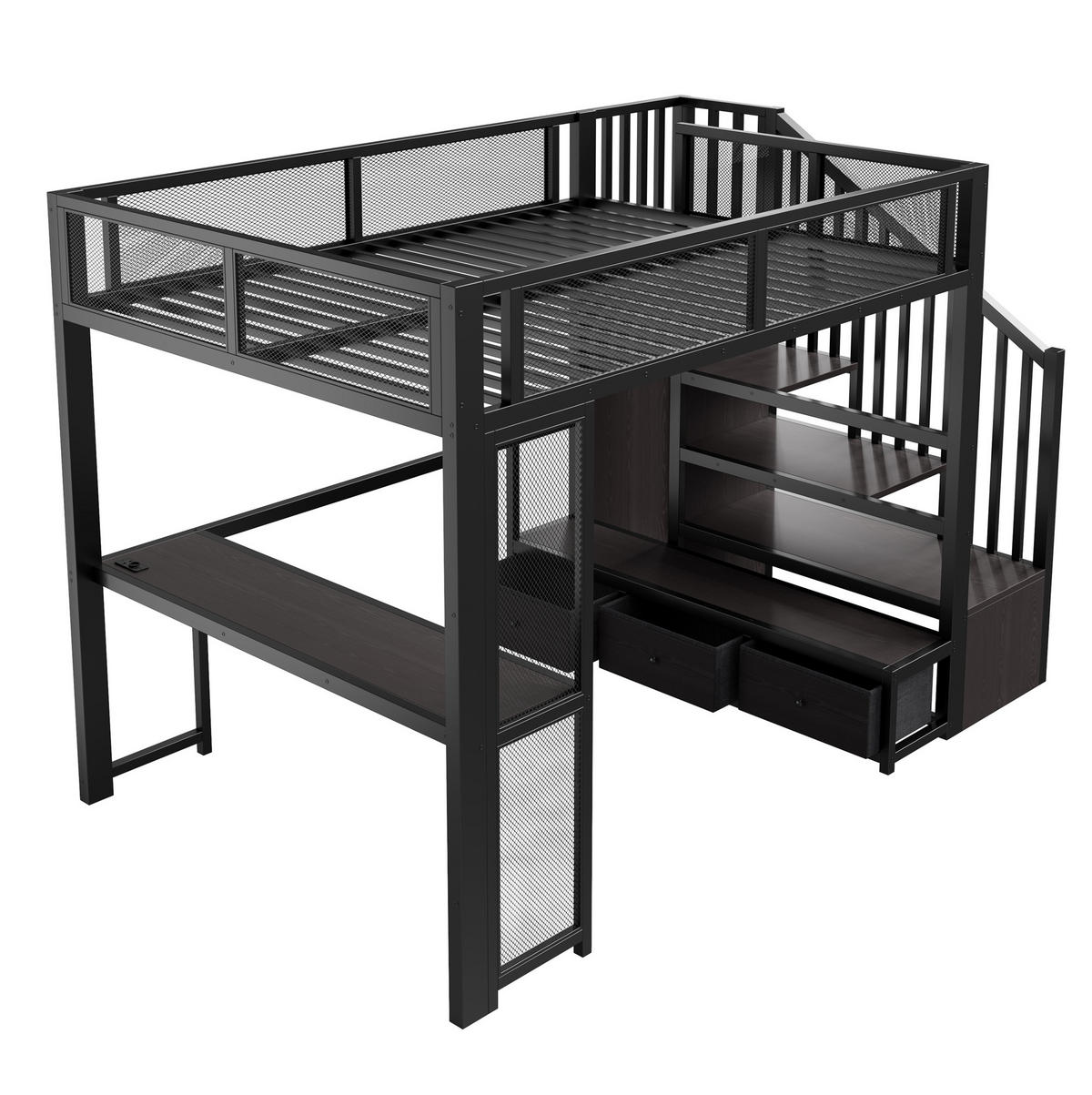 HOCHBETT MDF Metall 140x200 cm Schwarz mit Treppe, Schreibtisch, LED, USB und Stauraum - Schwarz, Holzwerkstoff (140/200cm) - Modfu