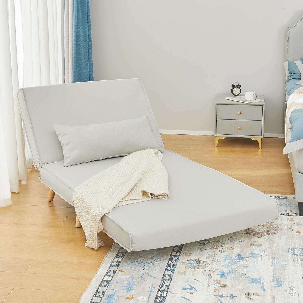 EINZELSOFA Sofabett Klappsofa verstellbar Rückenlehne nordisch skandinavisch - Creme/Naturfarben, Holz/Textil (78/80/94cm) - HOMCOM
