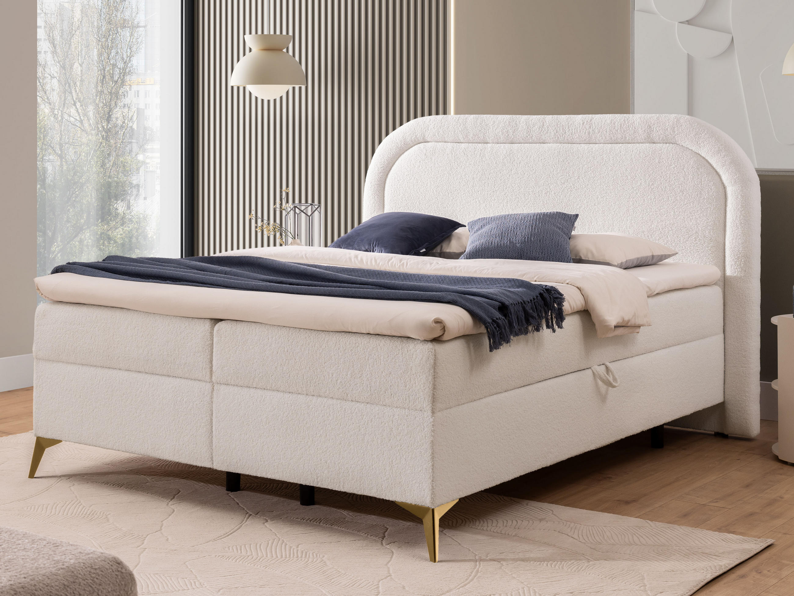 BOXBETT Sonna 140/200 cm Weiß Bouclé-Stoff mit abgerundetem Kopfteil und mit goldenen Metallfüßen - Goldfarben/Weiß, Holz/Textil (140/200cm) - S-Style Möbel